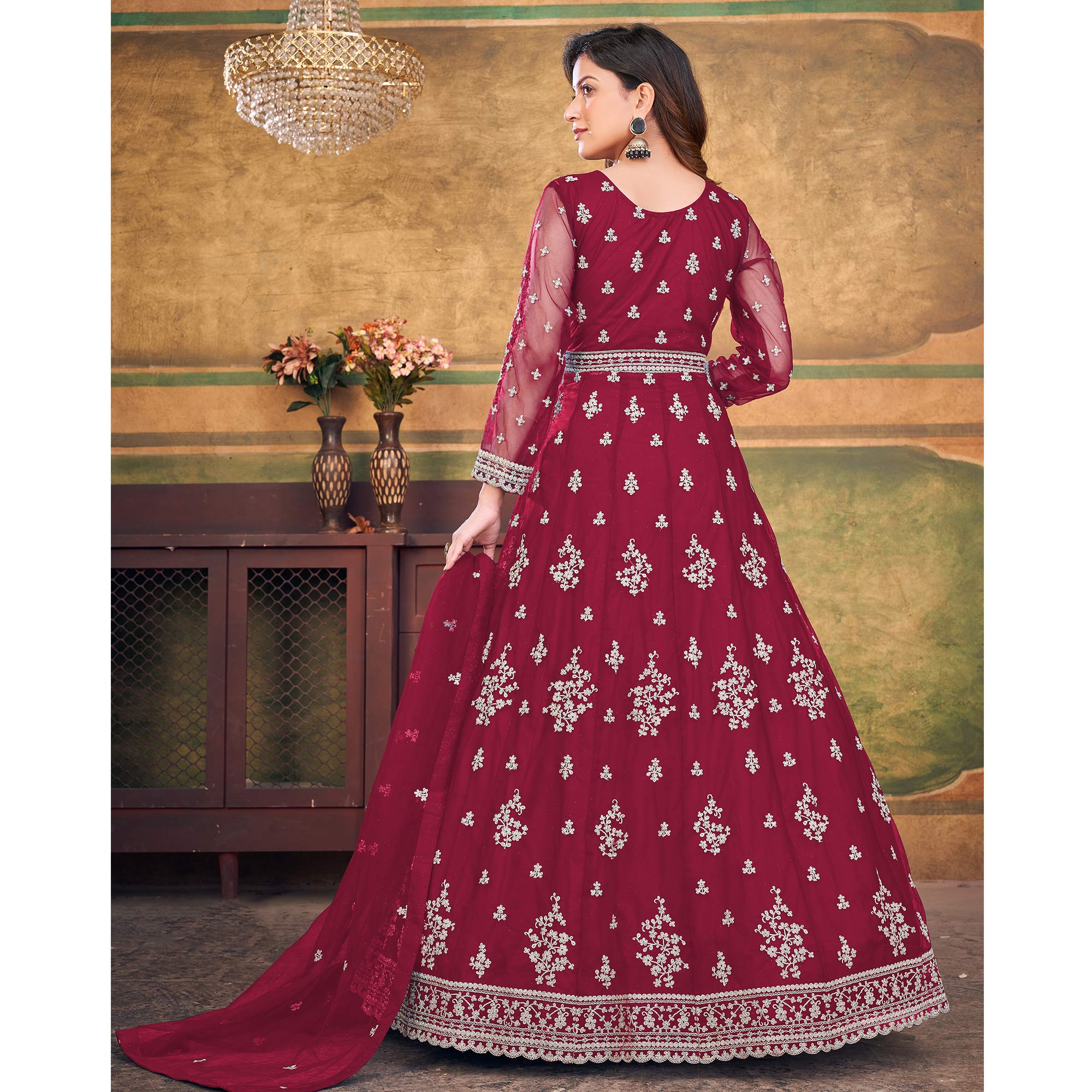 Pink Embroidered Net Semi Stitched Anarkali Suit