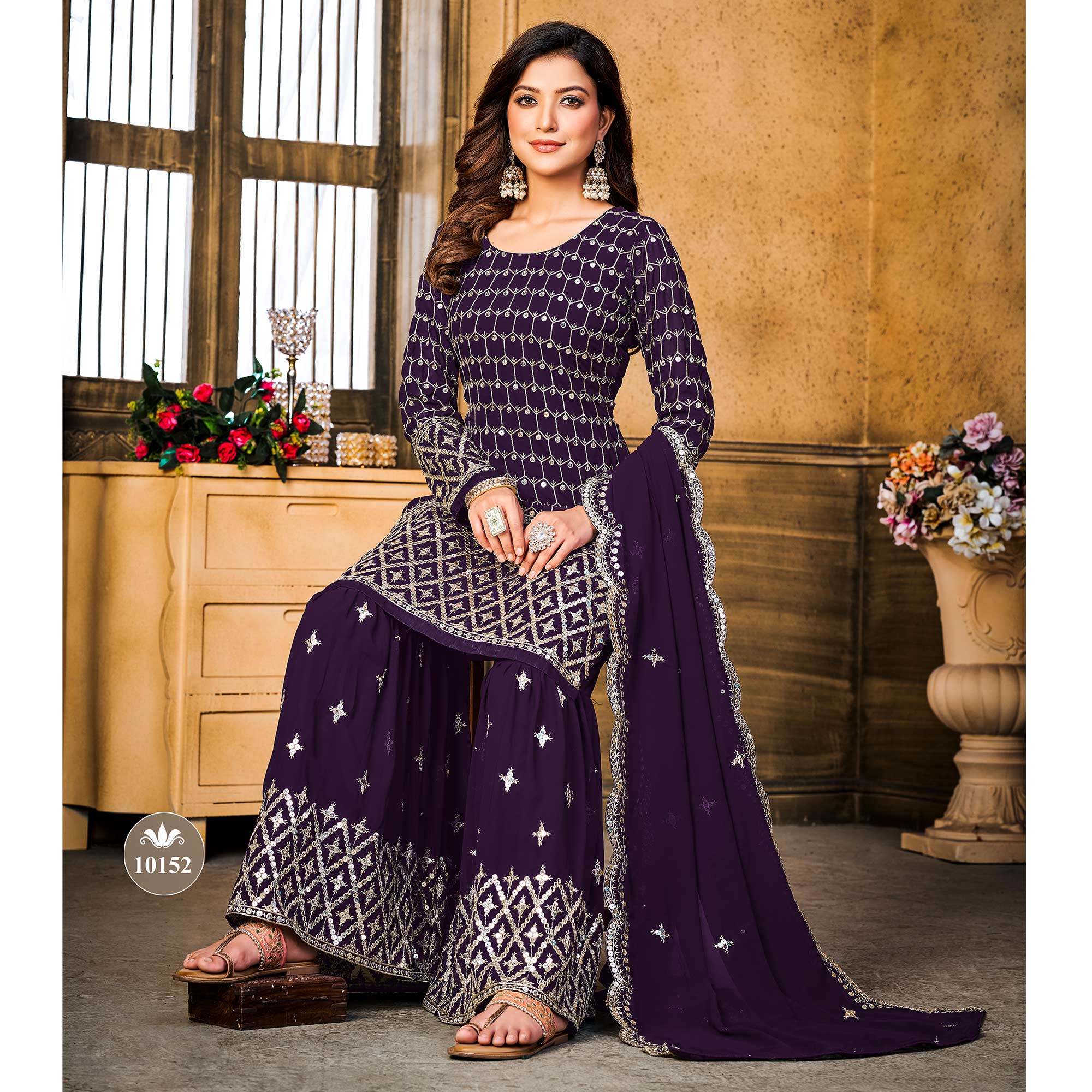 Purple Sequins Embroidered Georgette Semi Stitched Suit