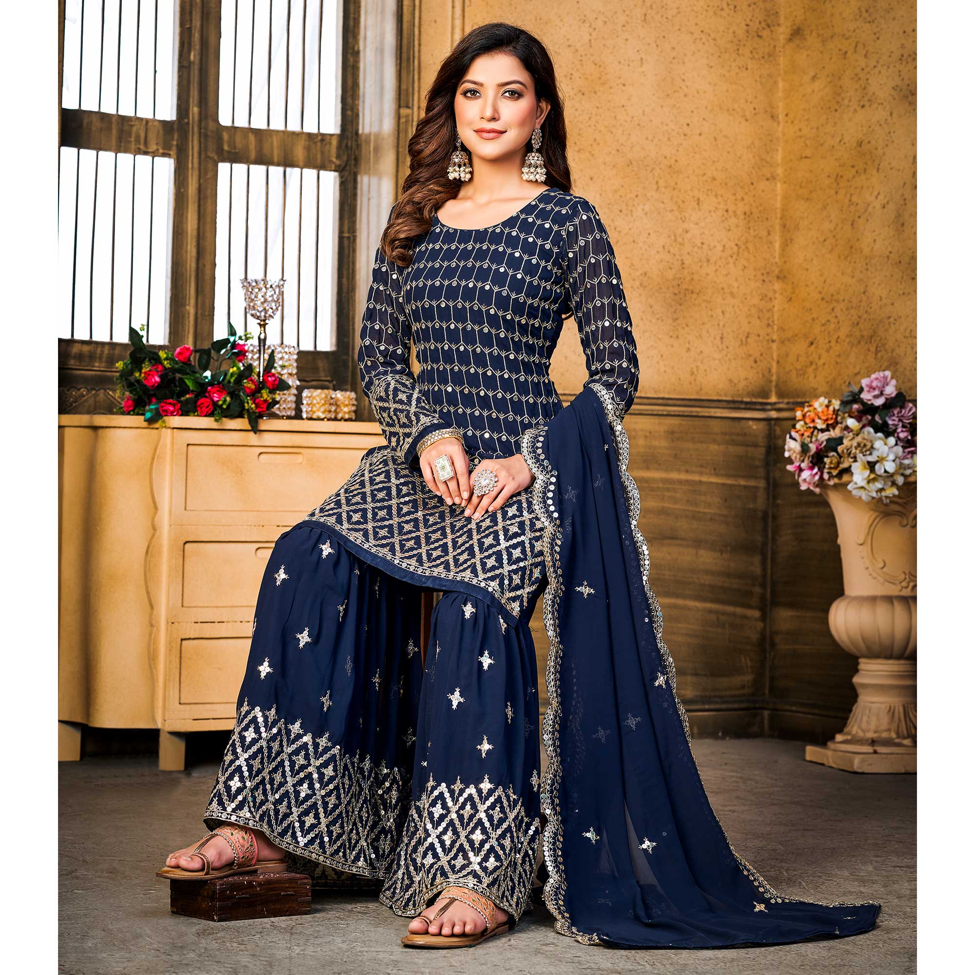 Blue Sequins Embroidered Georgette Semi Stitched Suit