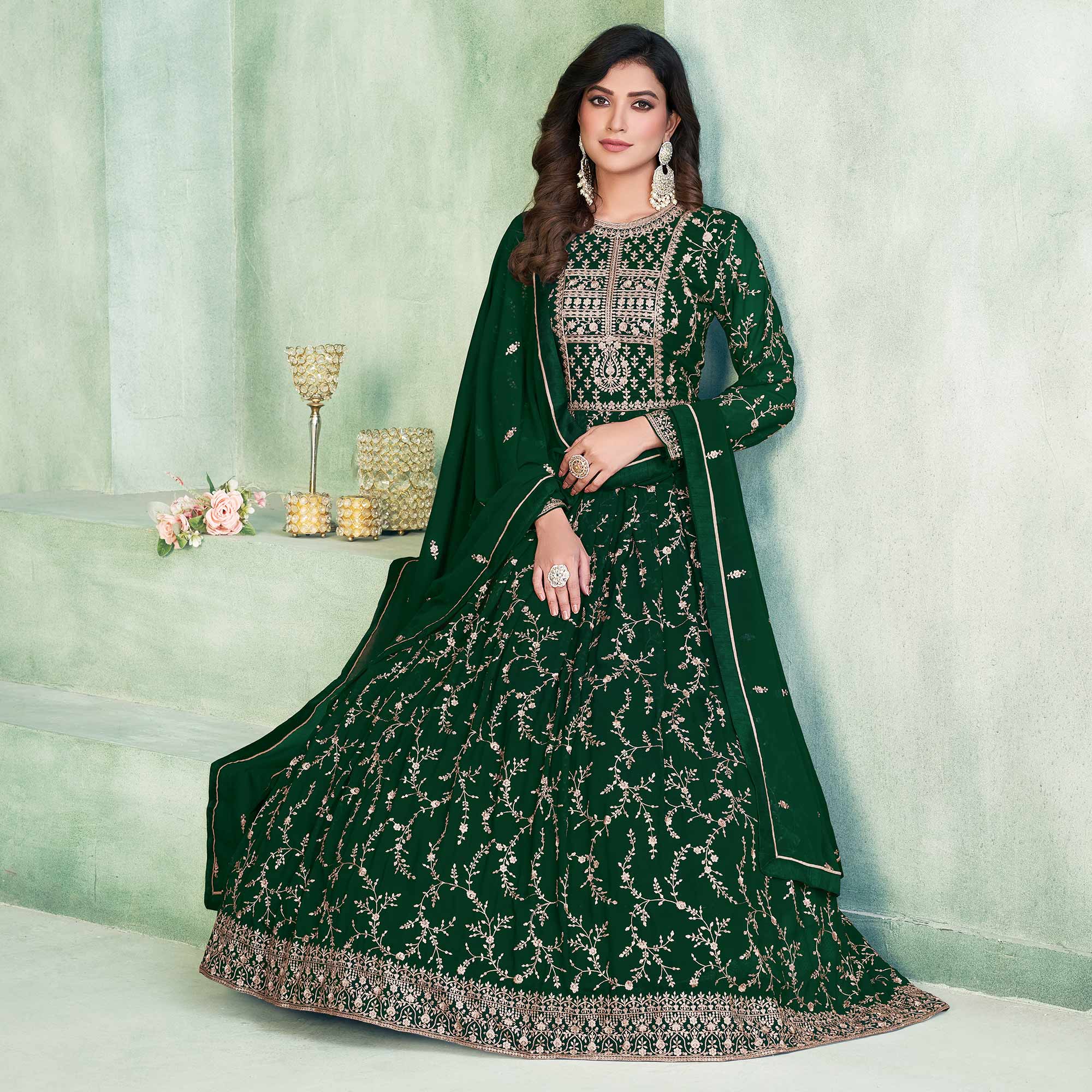 Green Embroidered Georgette Semi Stitched Anarkali Suit