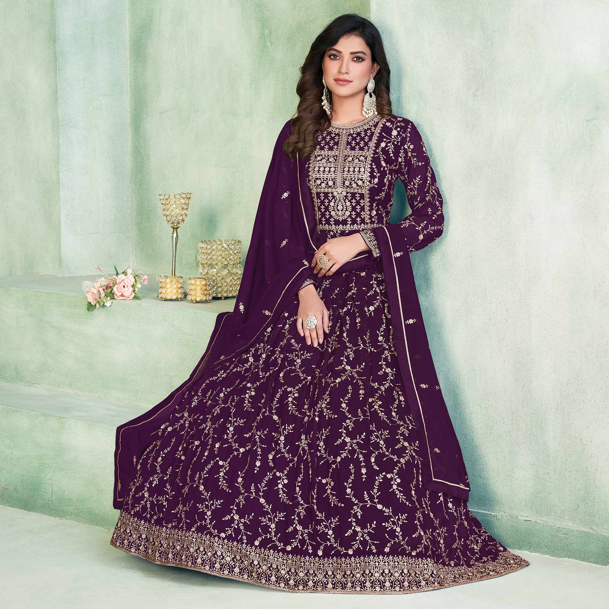 Purple Embroidered Georgette Semi Stitched Anarkali Suit