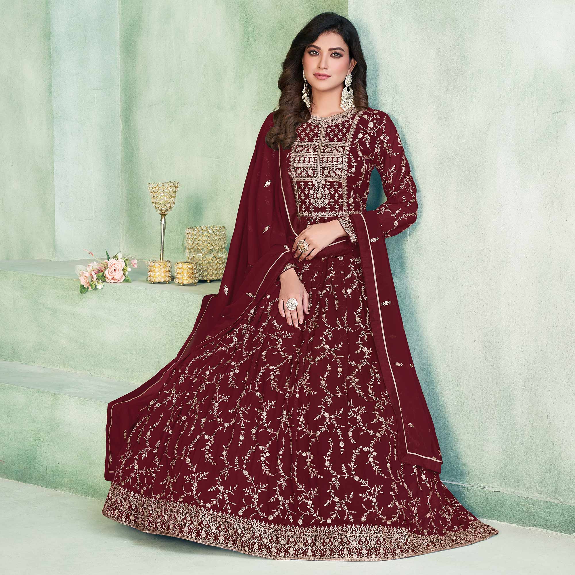 Maroon Embroidered Georgette Semi Stitched Anarkali Suit