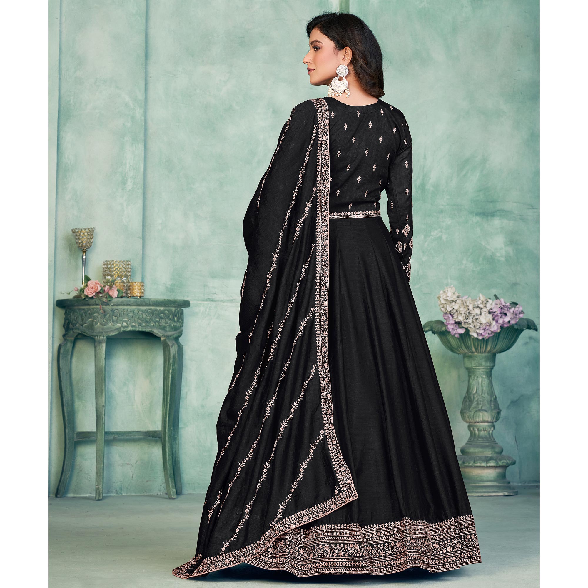 Black Embroidered Art Silk Semi Stitched Anarkali Suit