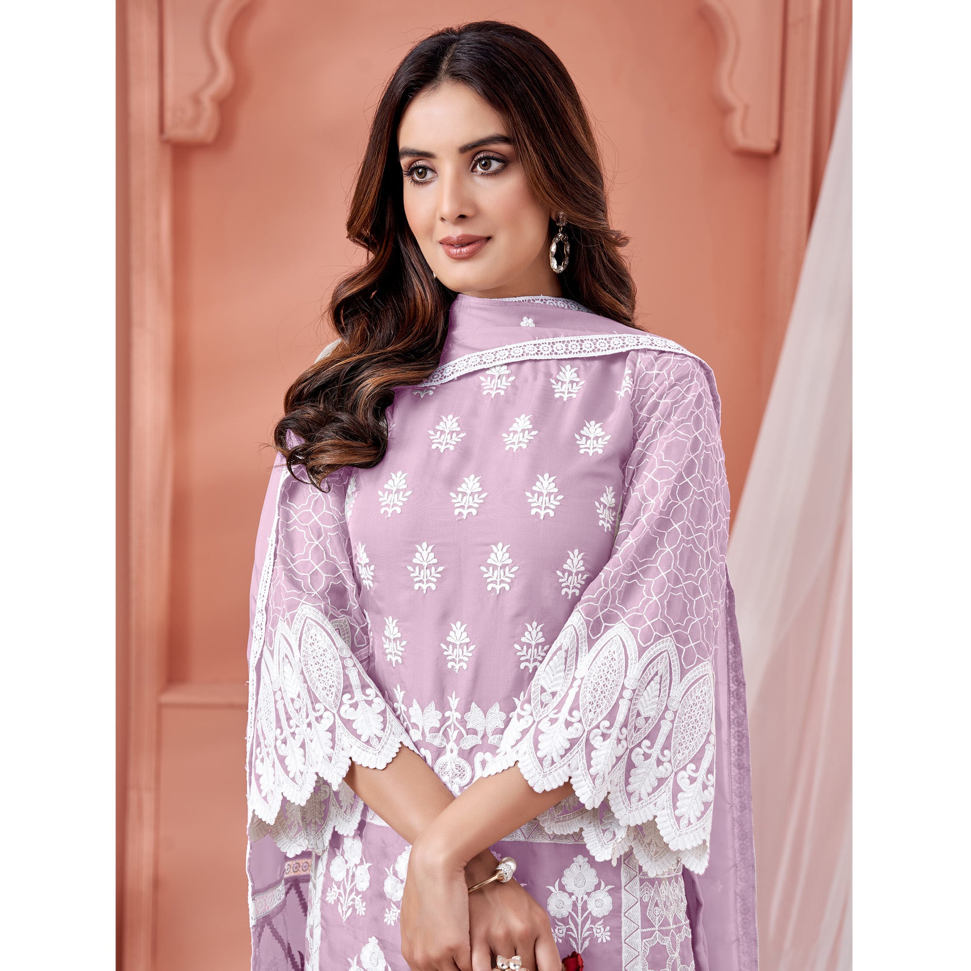 Mauve Floral Embroidered Organza Semi Stitched Suit