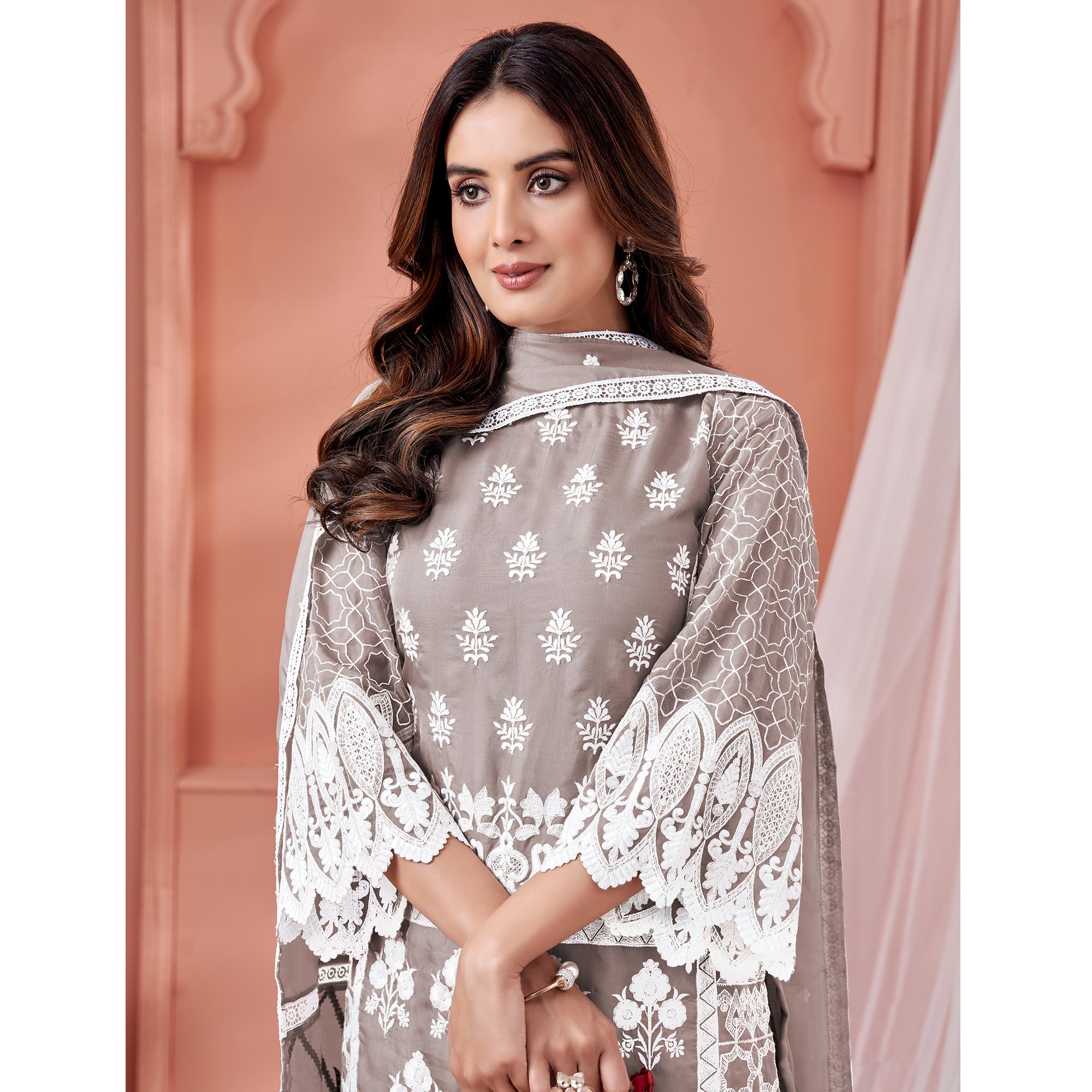 Grey Floral Embroidered Organza Semi Stitched Suit