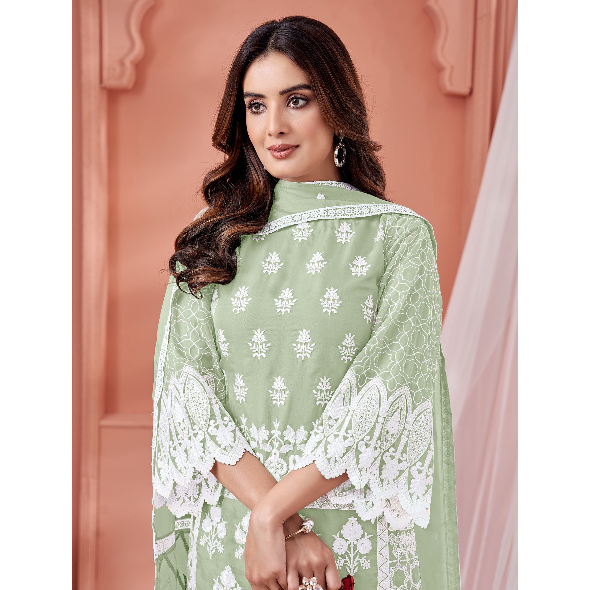 Green Floral Embroidered Organza Semi Stitched Suit