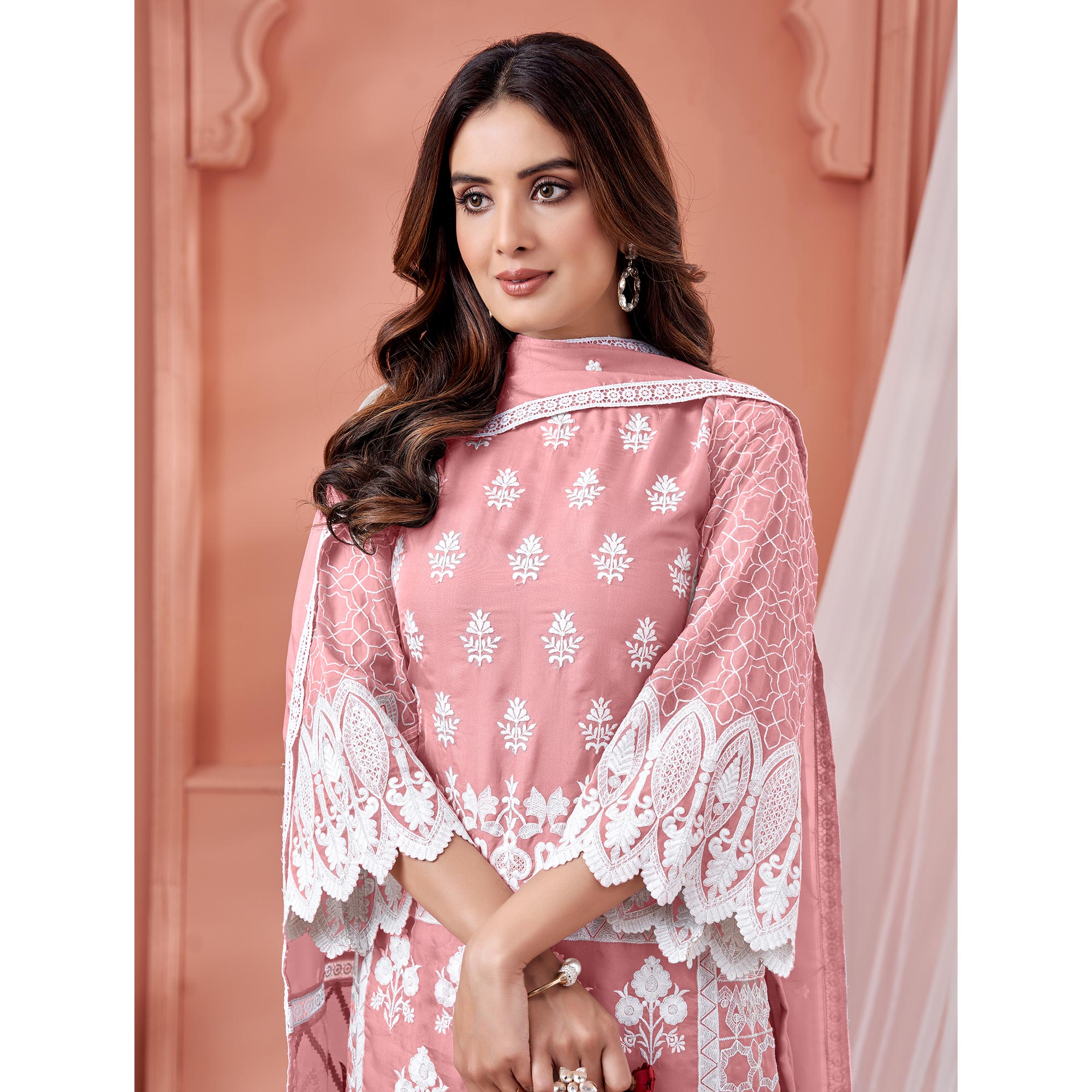 Peach Floral Embroidered Organza Semi Stitched Suit