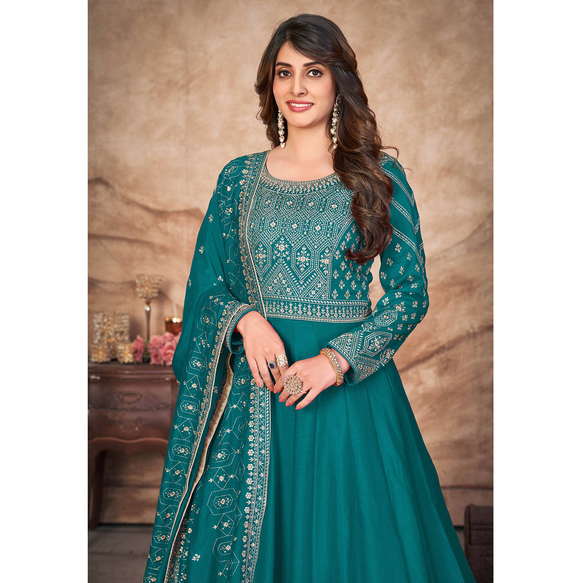 Rama Blue Embroidered Art Silk Semi Stitched Anarkali Suit