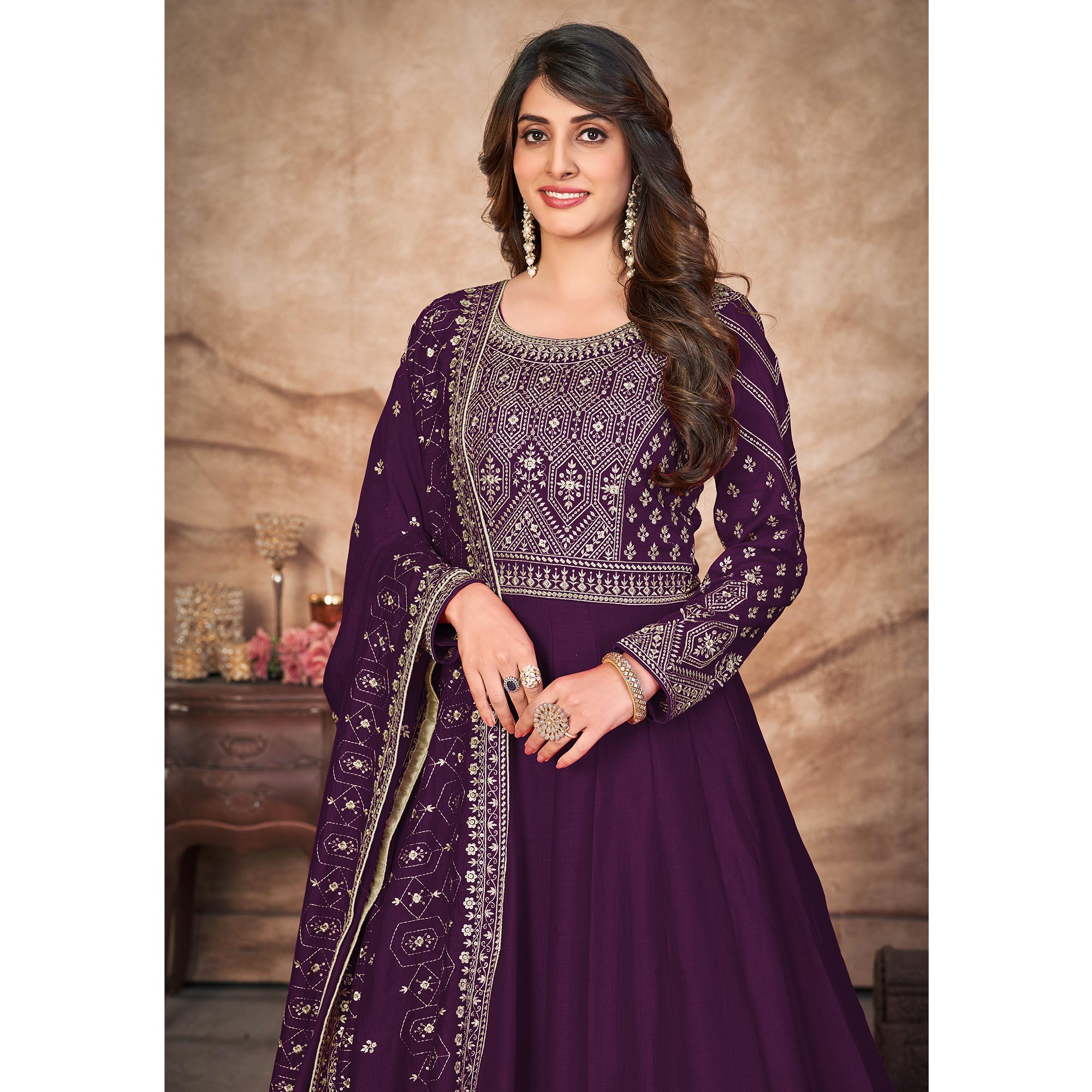 Purple Embroidered Art Silk Semi Stitched Anarkali Suit