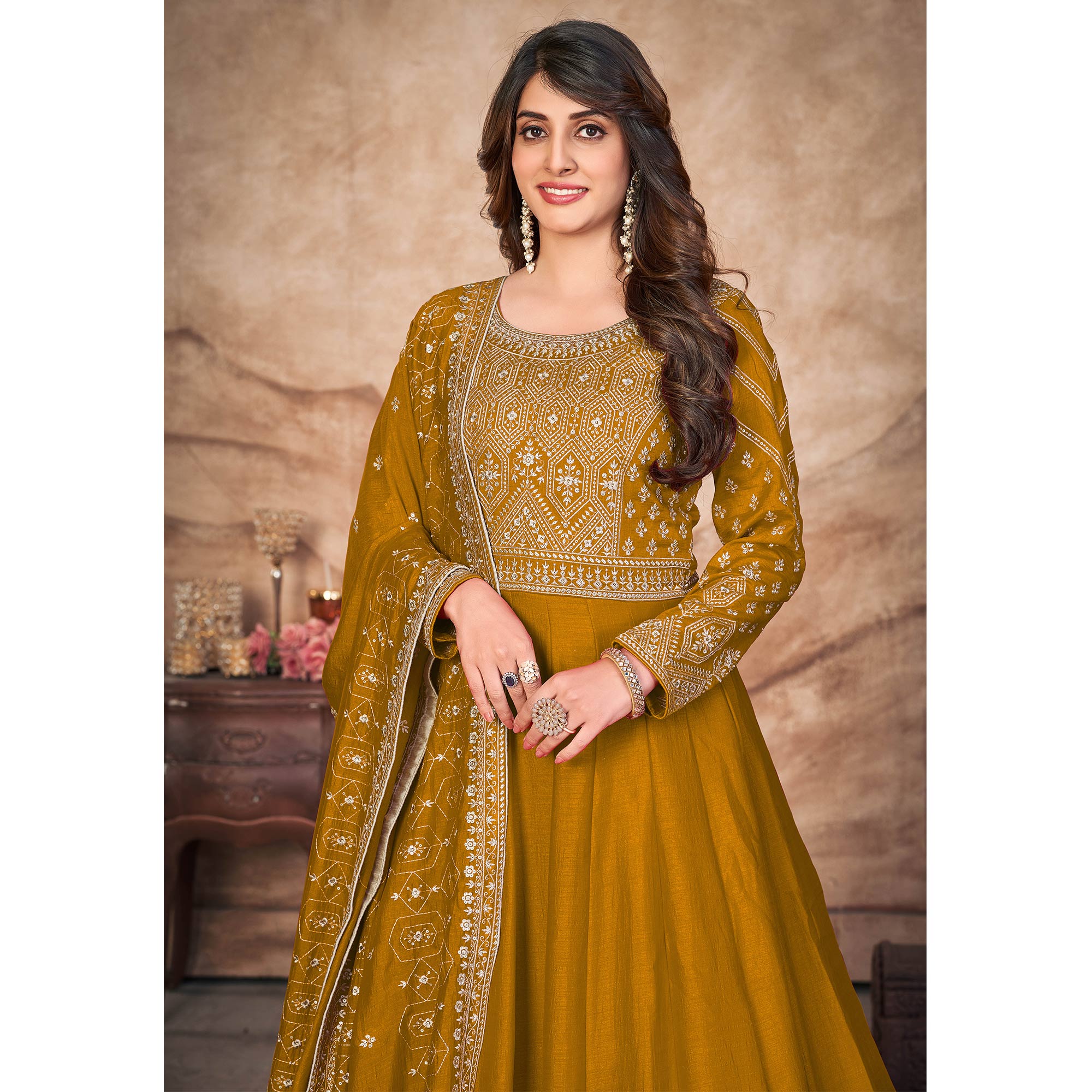 Mustard Embroidered Art Silk Semi Stitched Anarkali Suit