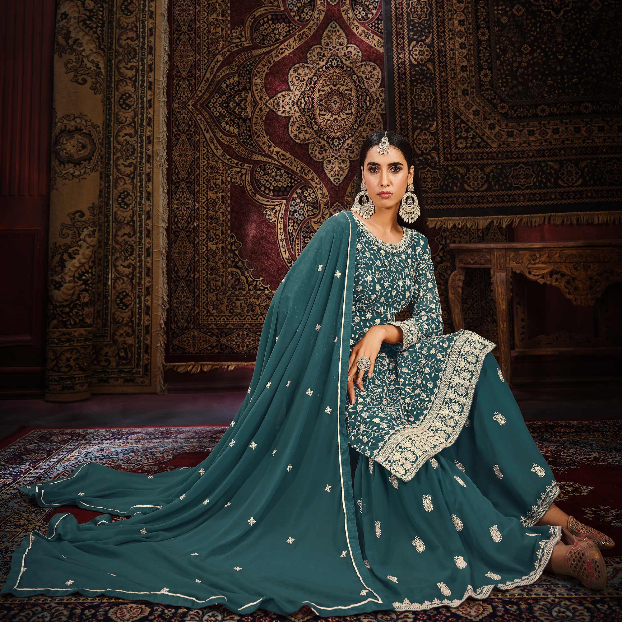 Teal Floral Embroidered Georgette Unstitched Suit