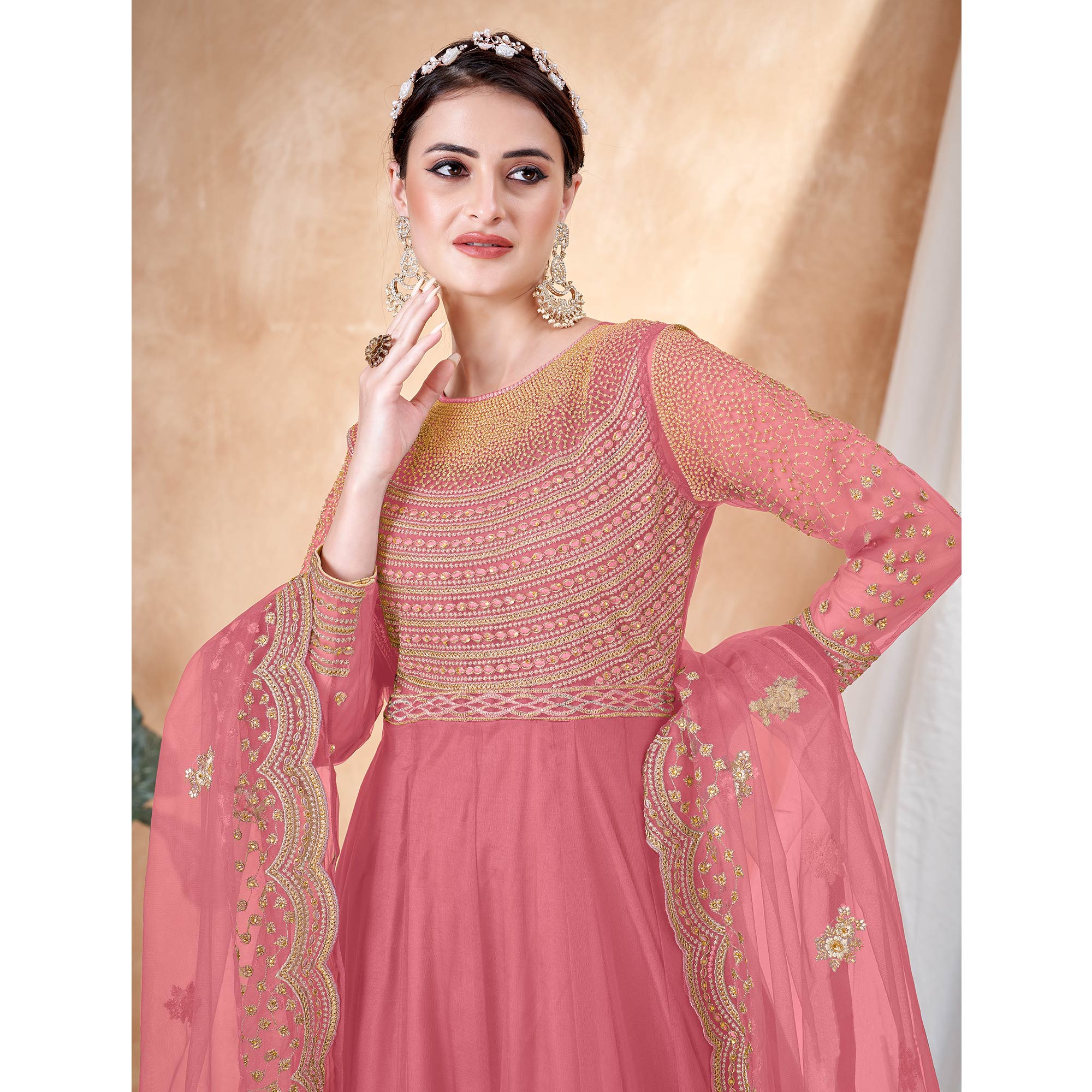Pink Floral Embroidered Net Semi Stitched Anarkali Suit