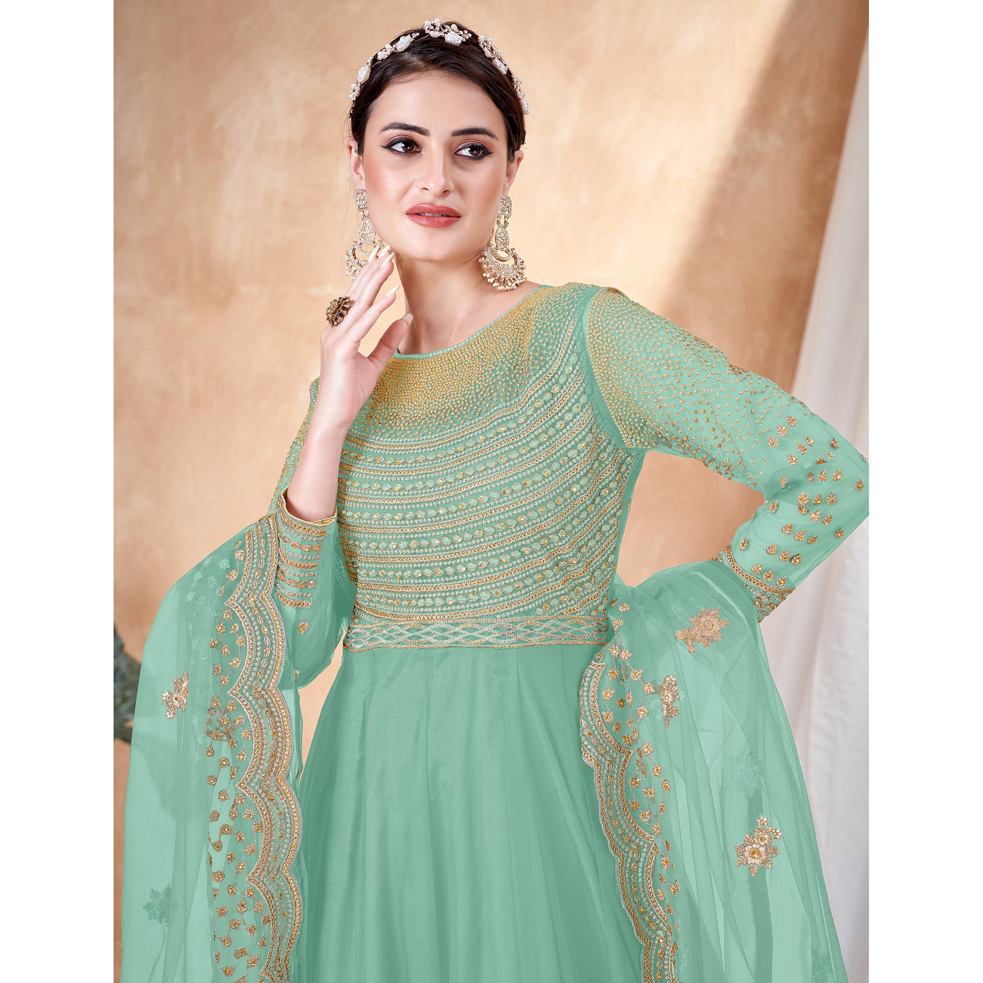 Turquoise Floral Embroidered Net Semi Stitched Anarkali Suit
