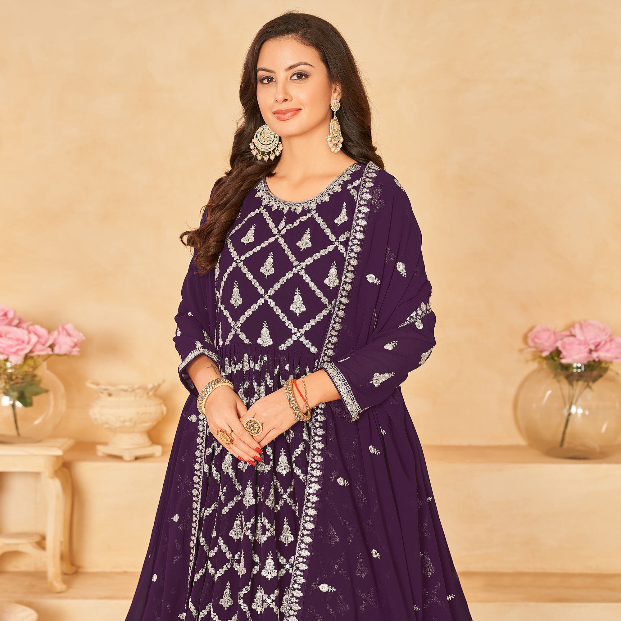 Purple Floral Embroidered Georgette Semi Stitched Anarkali Suit