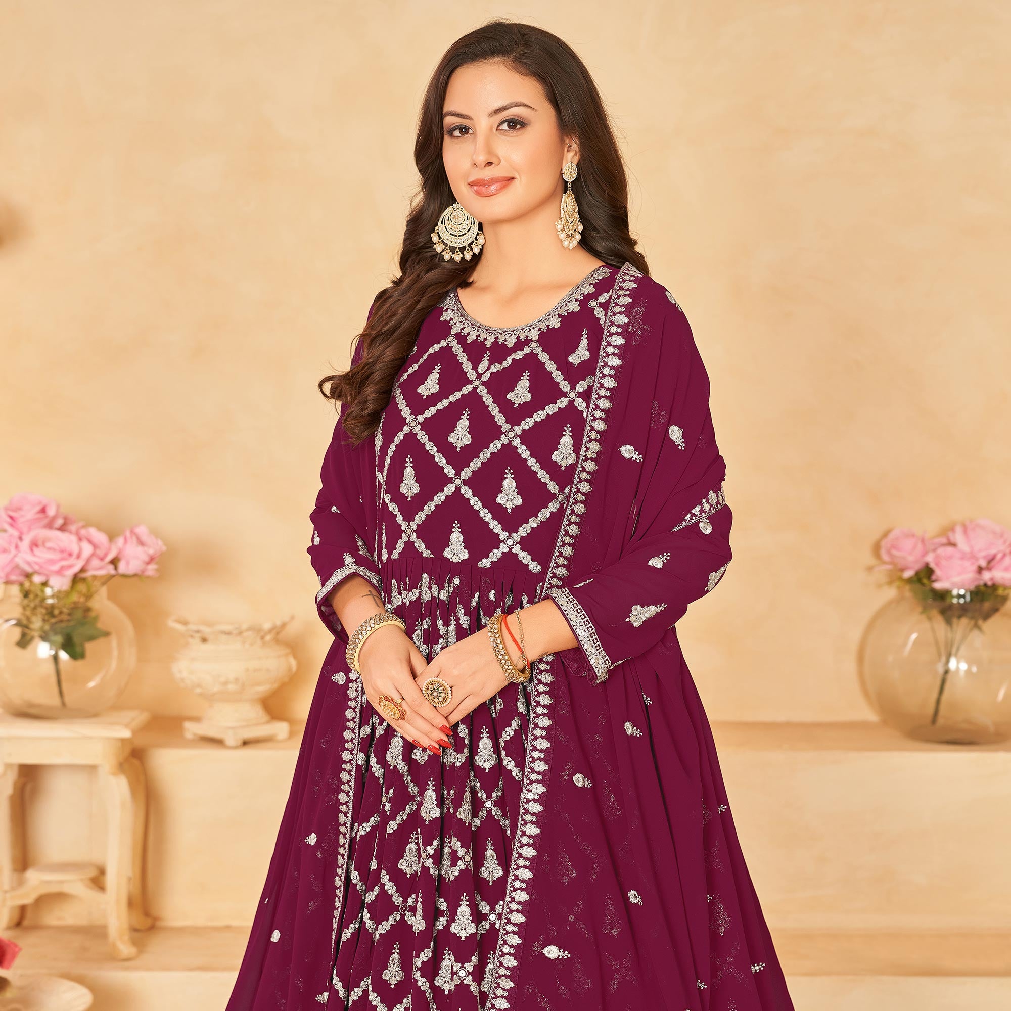 Dark Magenta Floral Embroidered Georgette Semi Stitched Anarkali Suit