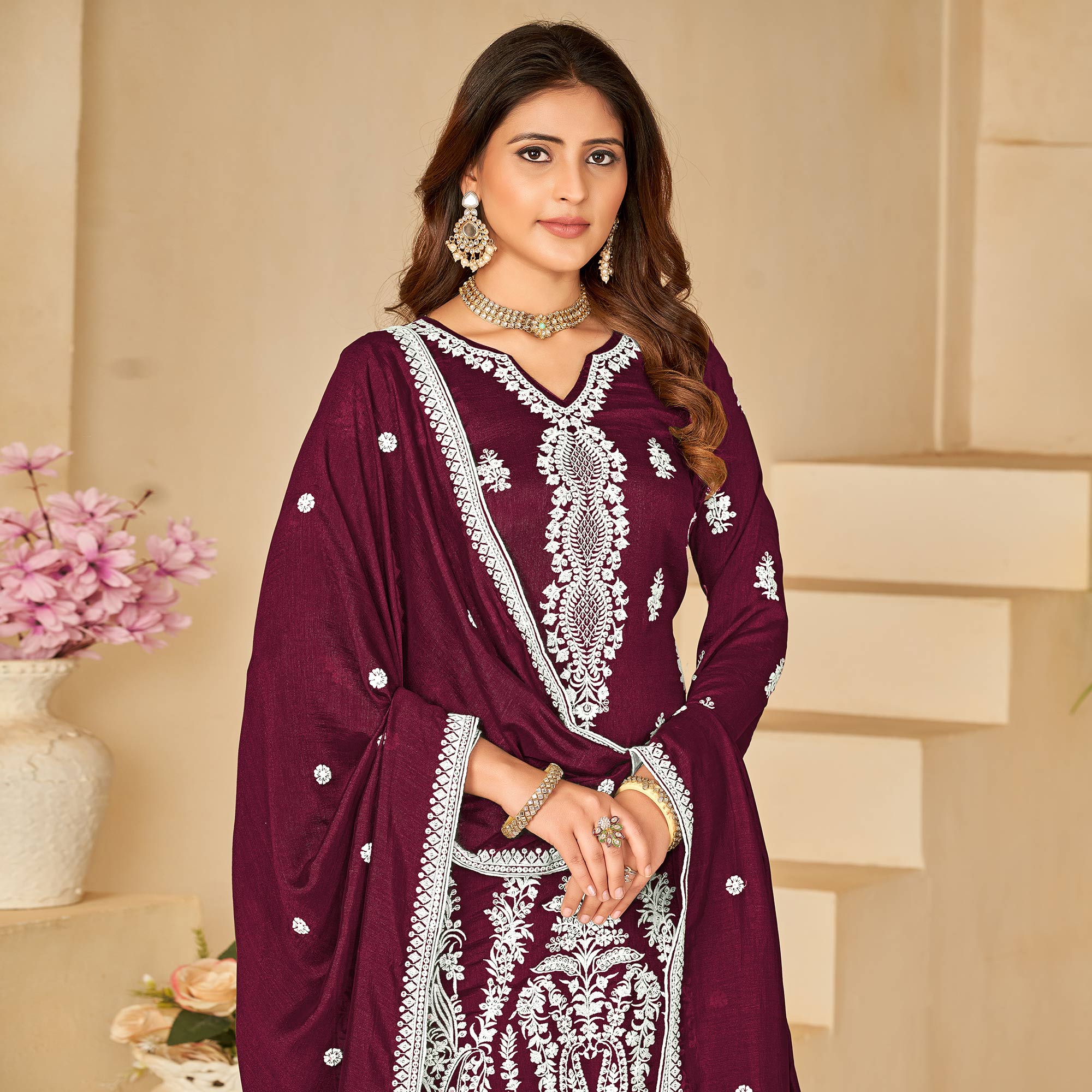 Wine Floral Embroidered Art Silk Semi Stitched Palazzo Suit