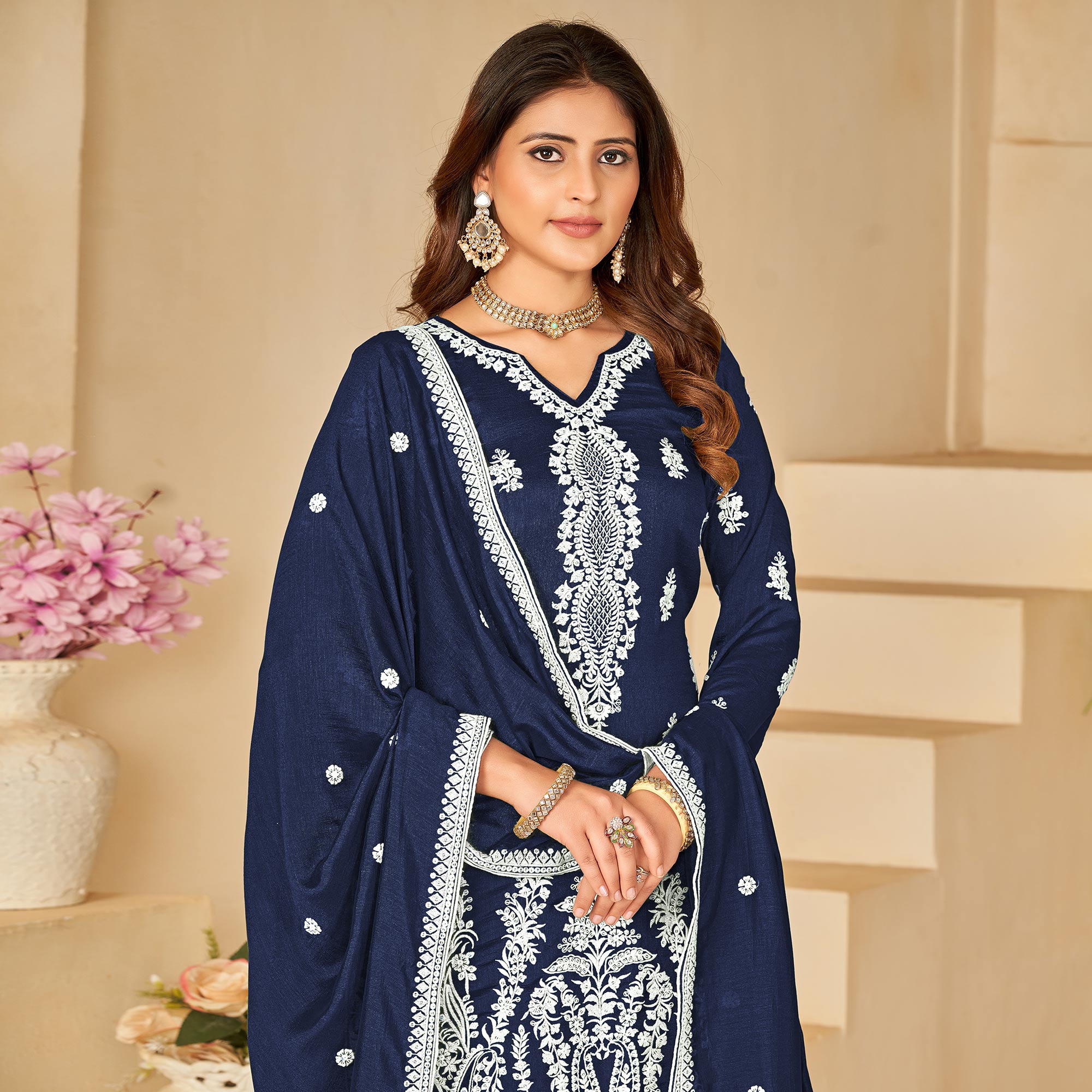 Blue Floral Embroidered Art Silk Semi Stitched Palazzo Suit
