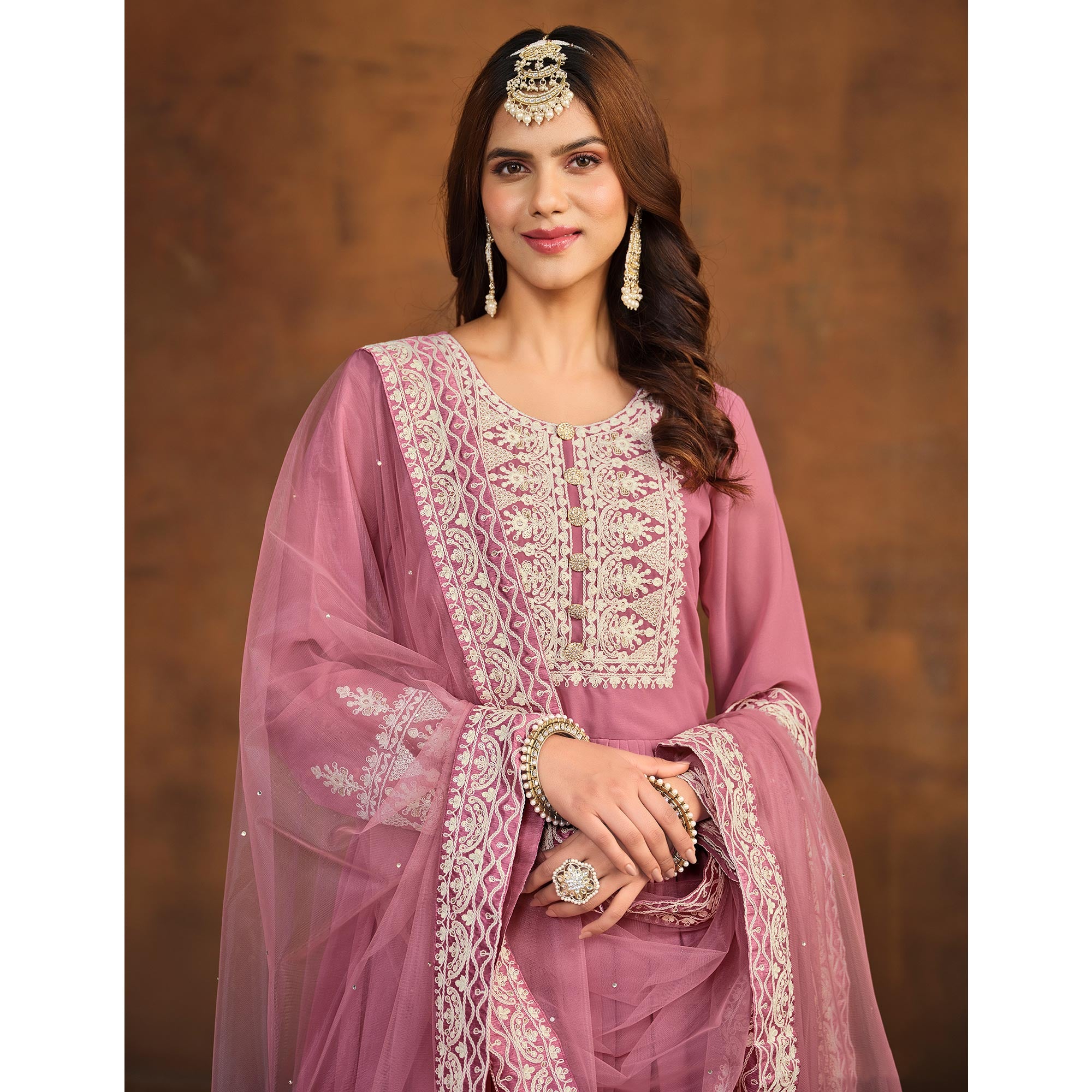 Pink Floral Embroidered Georgette Semi Stitched Palazzo Suit
