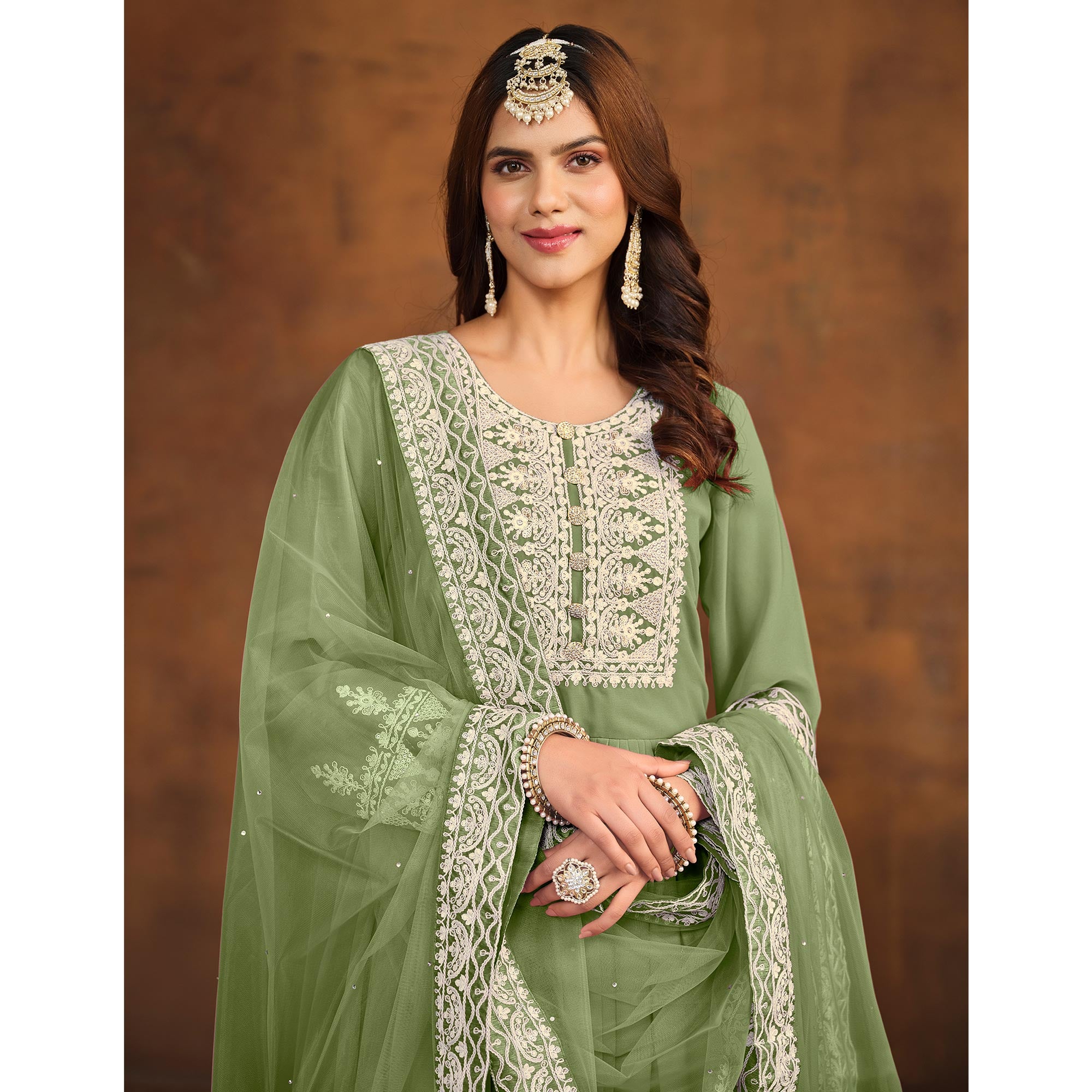 Pista Green Floral Embroidered Georgette Semi Stitched Palazzo Suit