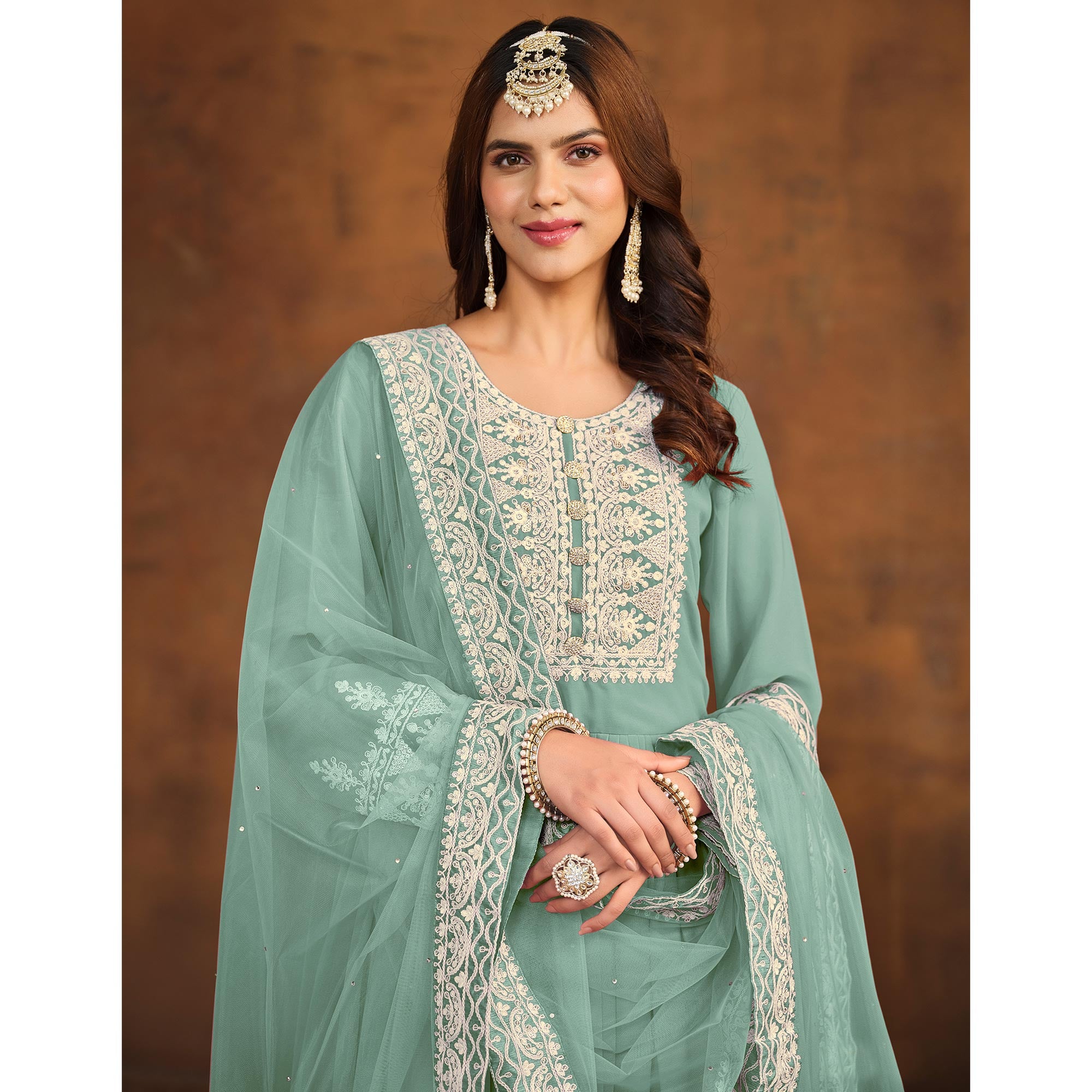 Blue Floral Embroidered Georgette Semi Stitched Palazzo Suit