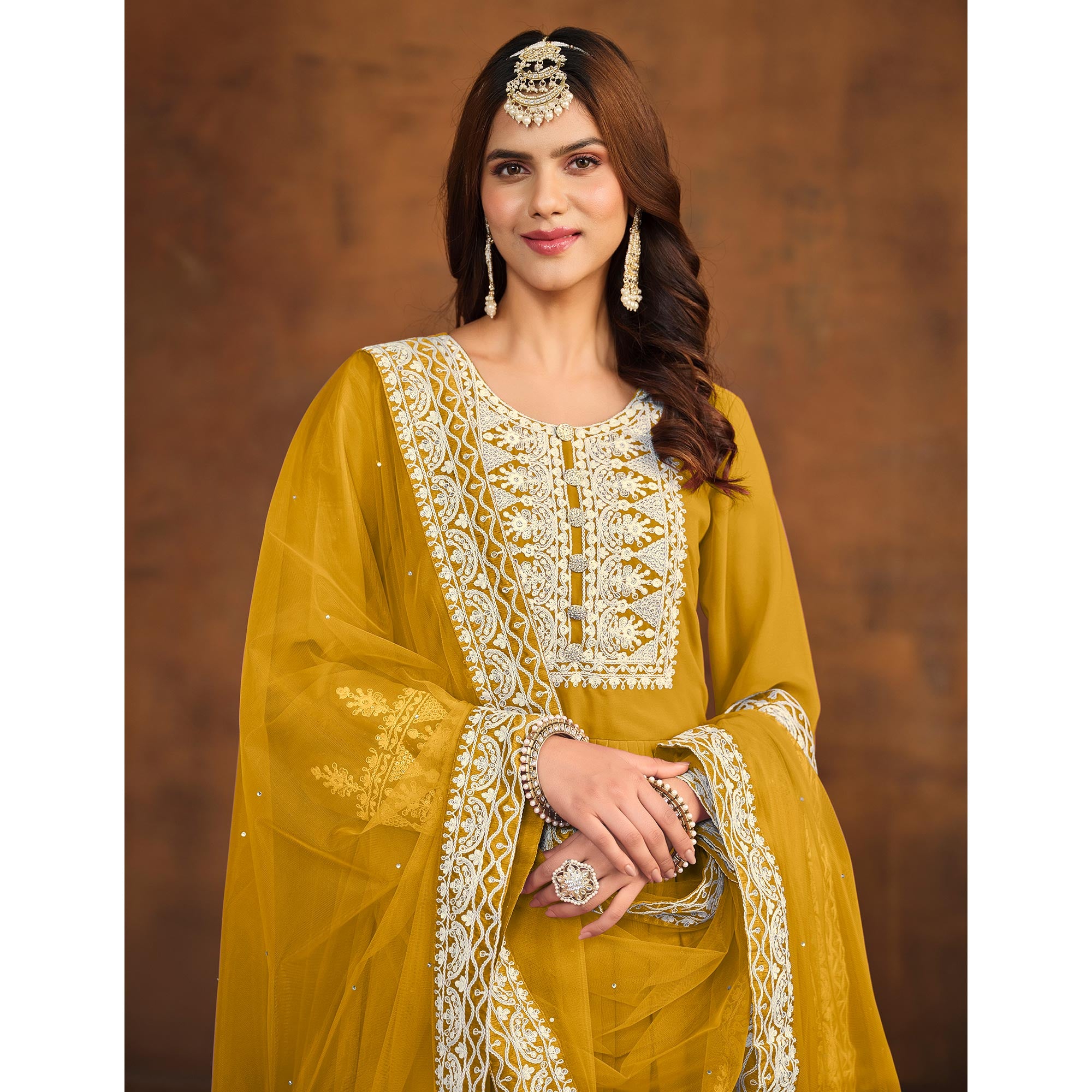Mustard Floral Embroidered Georgette Semi Stitched Palazzo Suit
