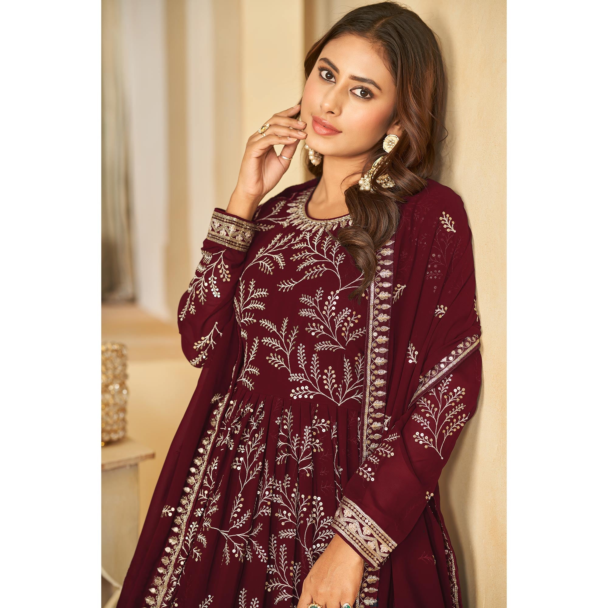 Maroon Sequins Embroidered Georgette Anarkali Style Semi Stitched Gown