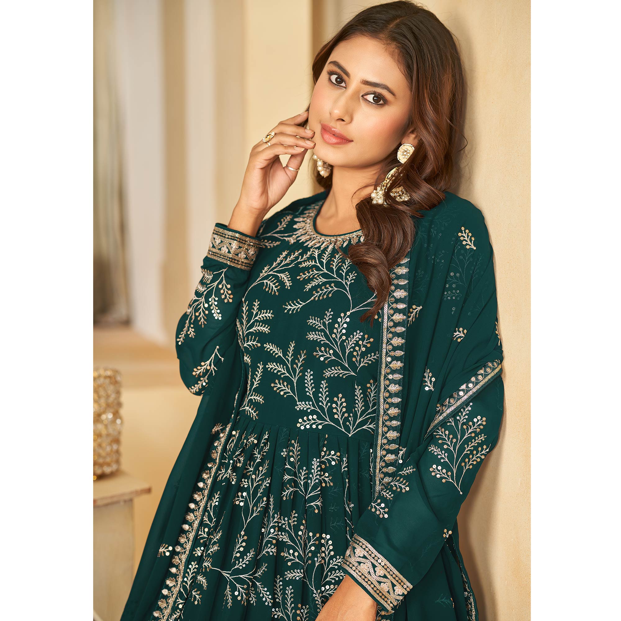 Green Sequins Embroidered Georgette Anarkali Style Semi Stitched Gown