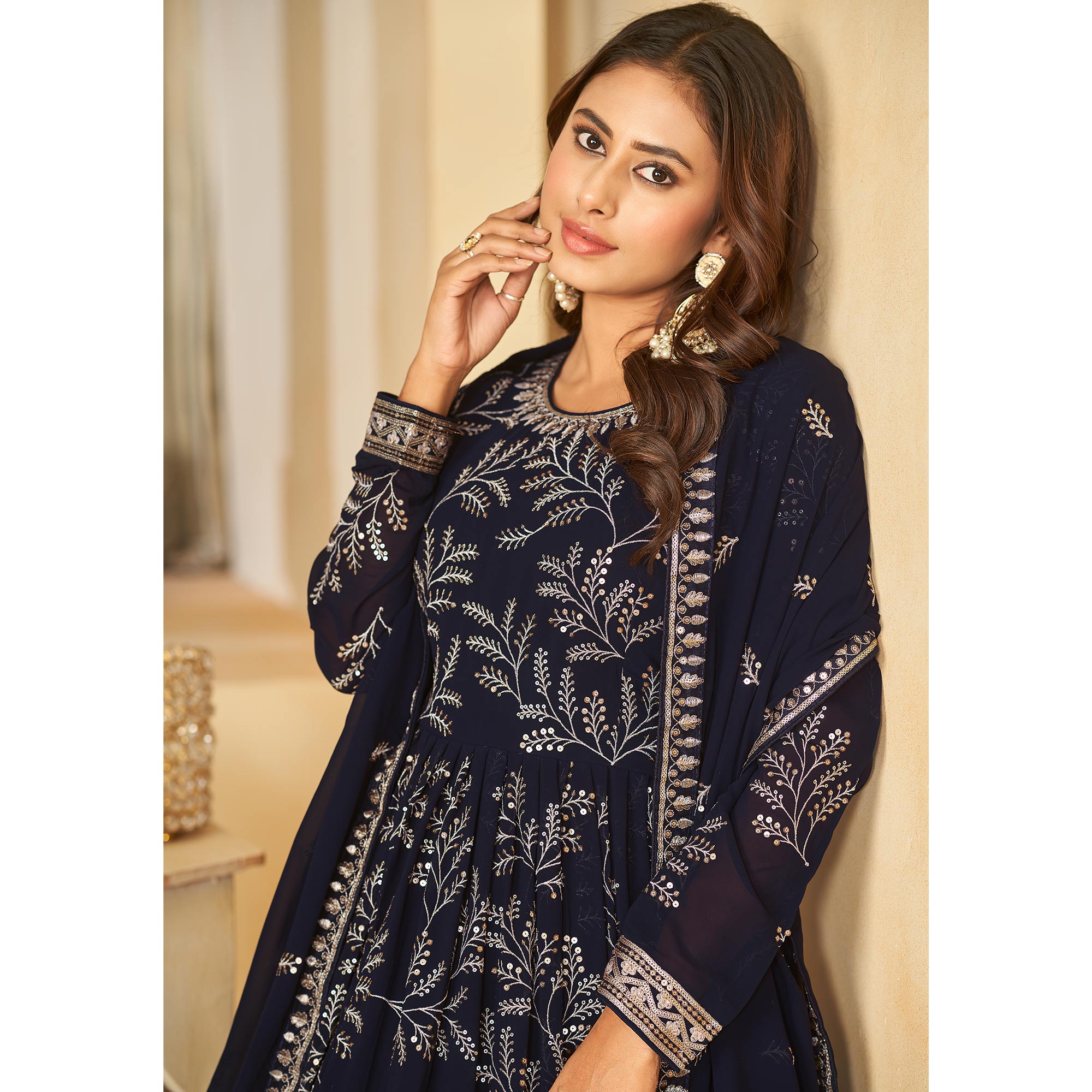 Blue Sequins Embroidered Georgette Anarkali Style Semi Stitched Gown