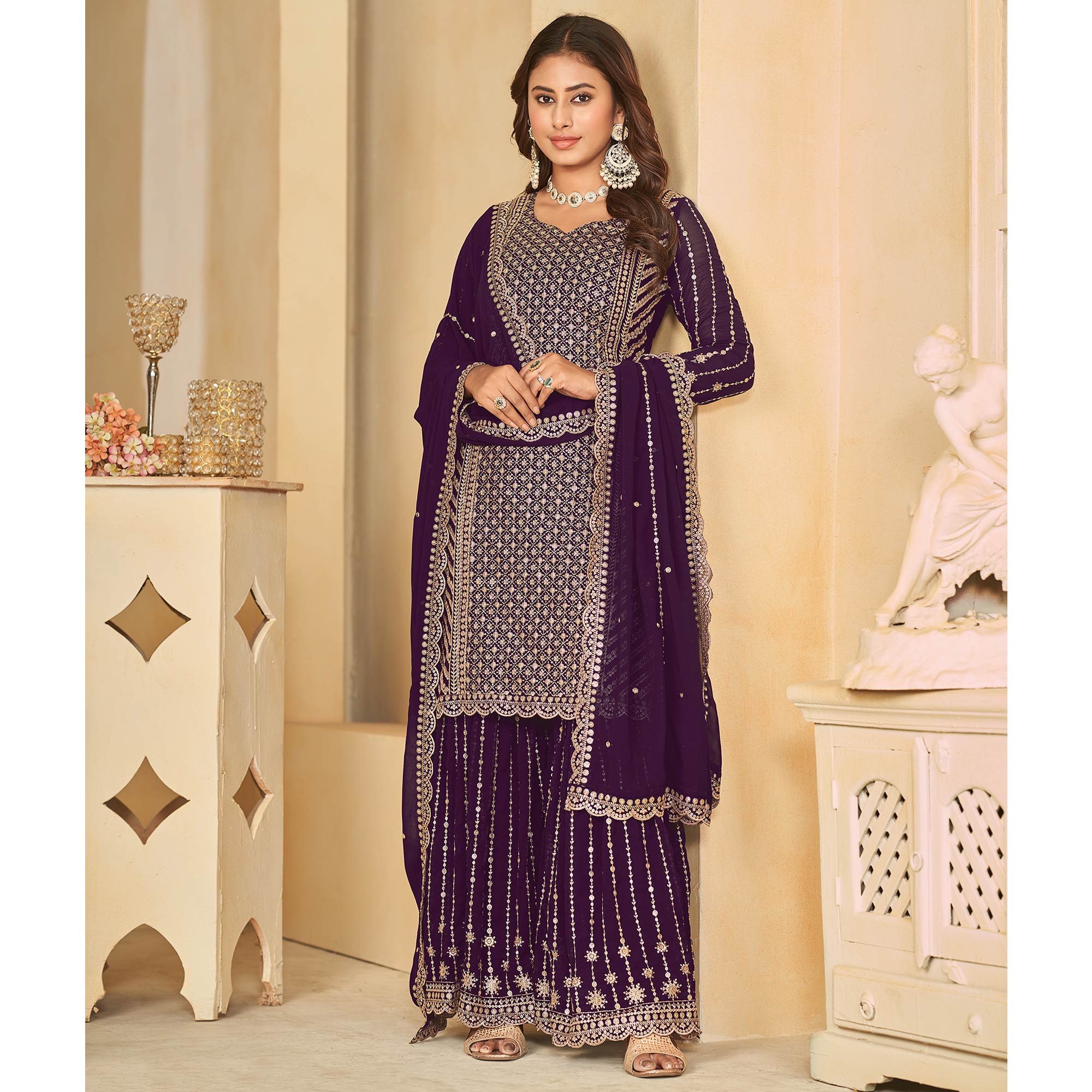 Purple Sequins Embroidered Georgette Semi Stithed Sharara Suit