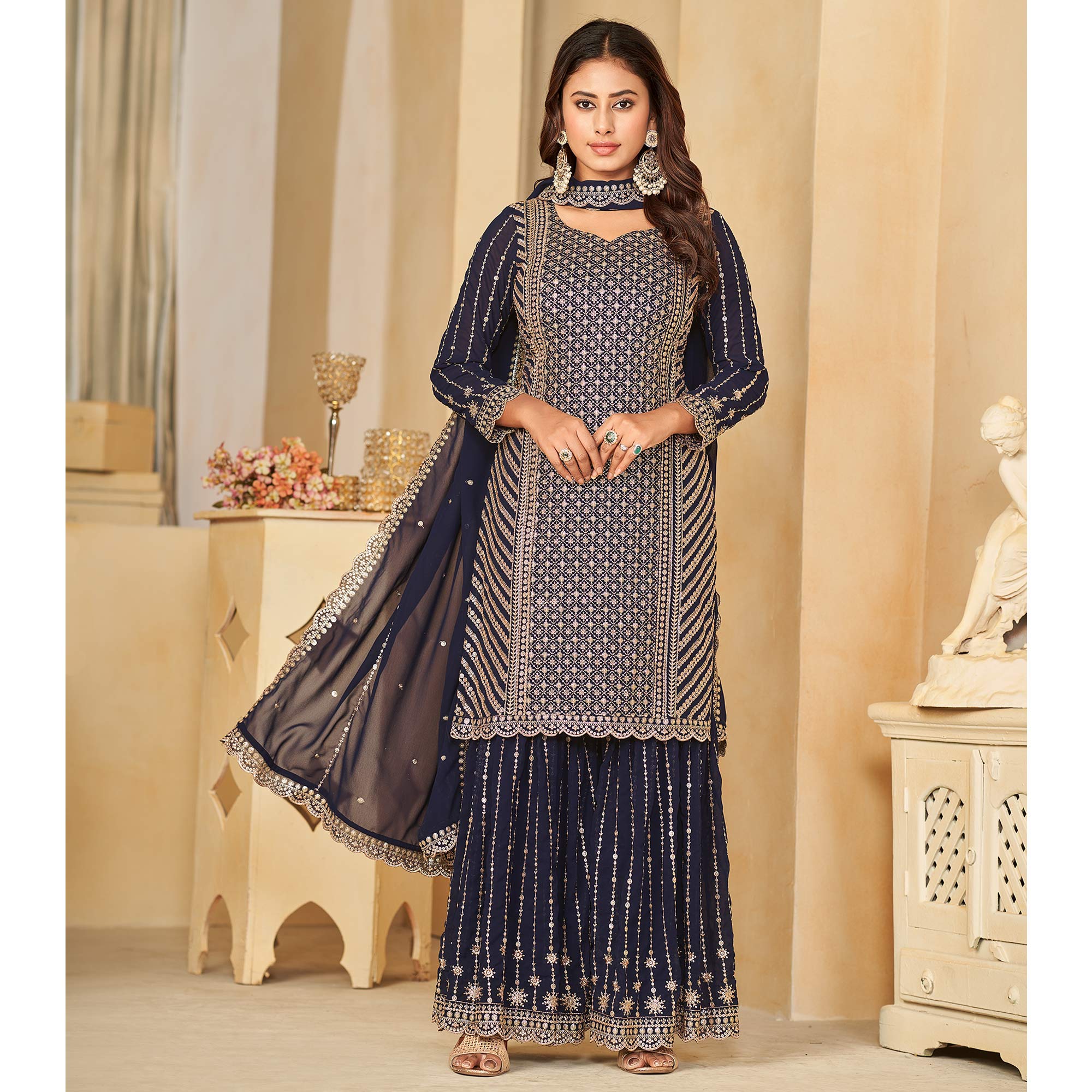 Blue Sequins Embroidered Georgette Semi Stithed Sharara Suit