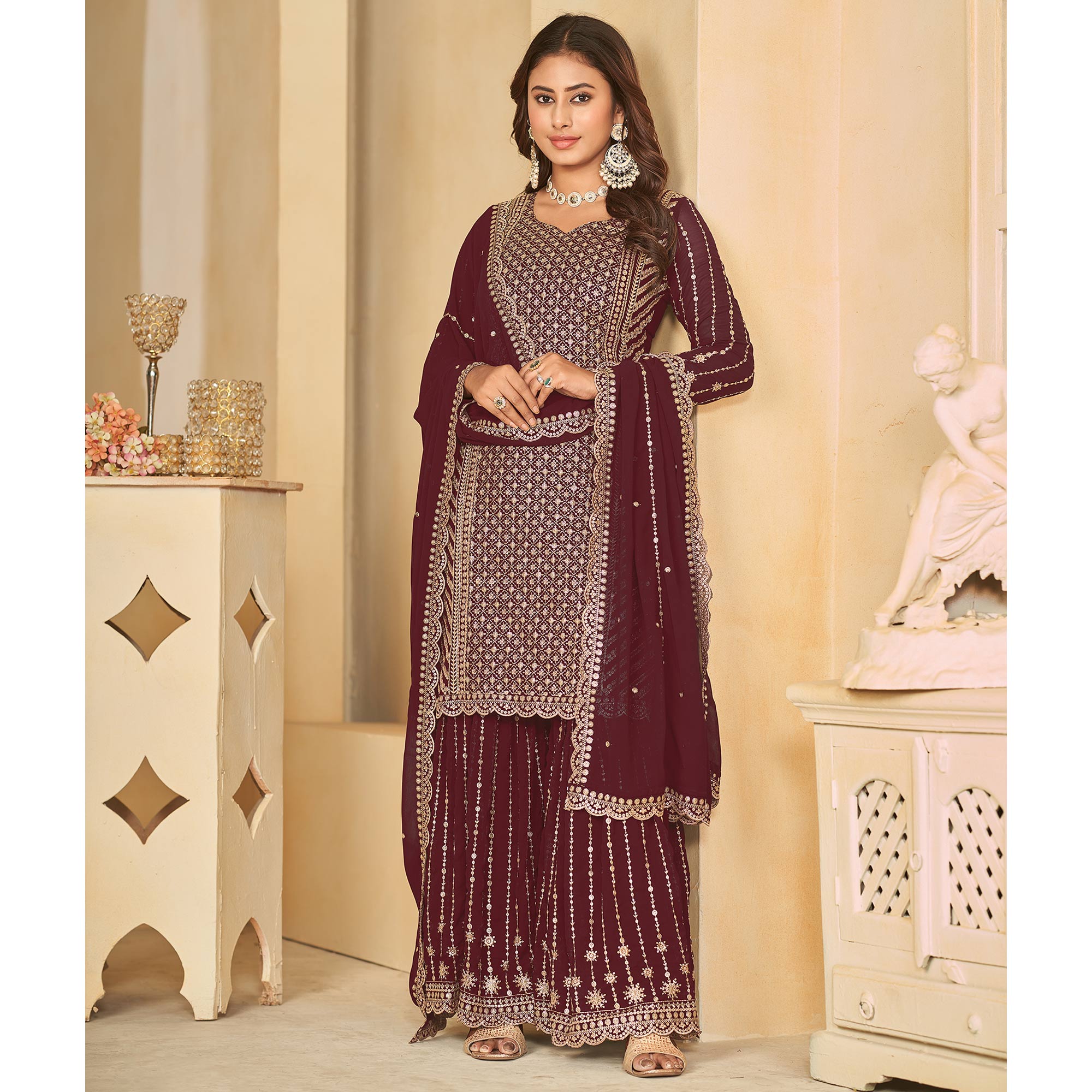 Maroon Sequins Embroidered Georgette Semi Stithed Sharara Suit