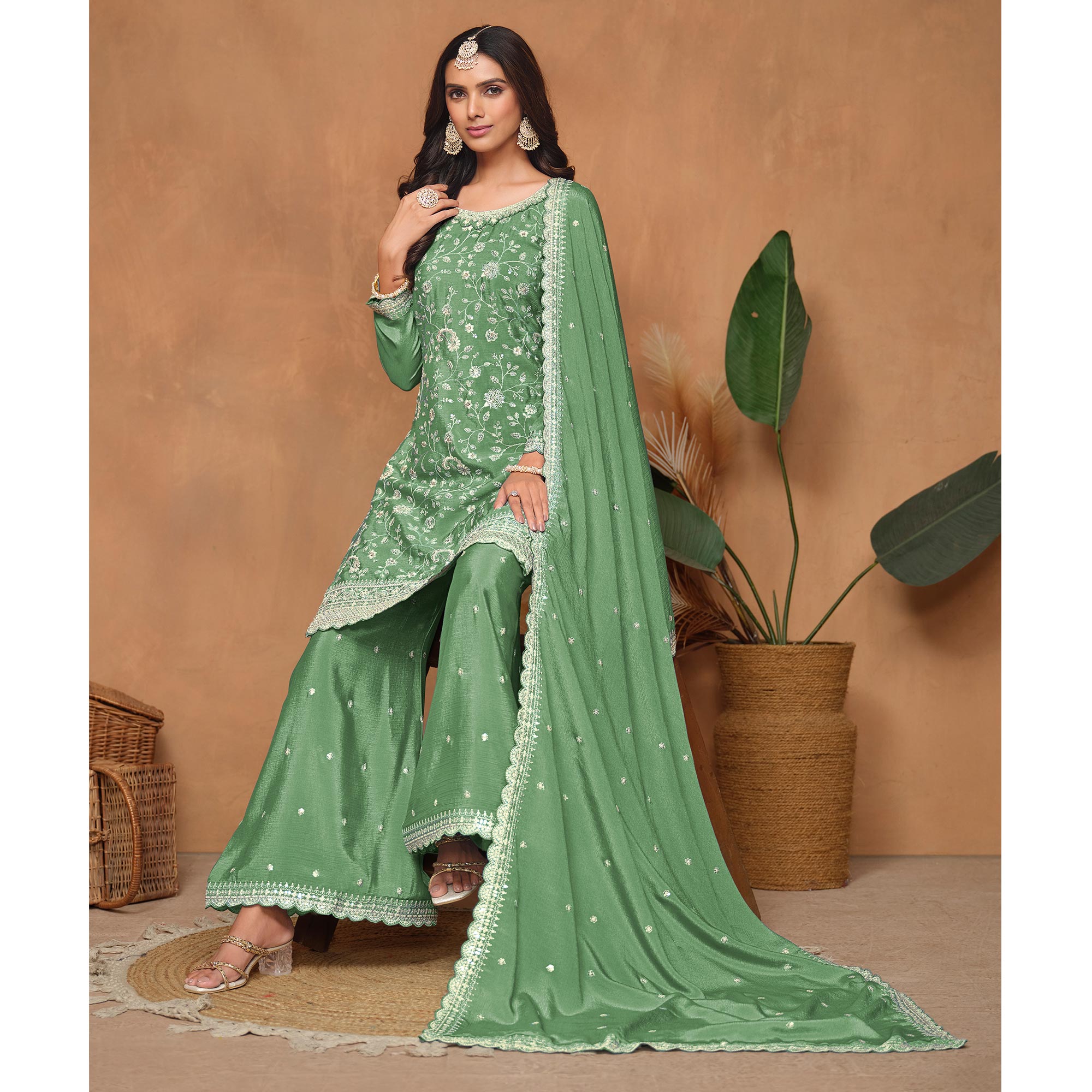 Green Floral Sequins Embroidered Chinon Semi Stitched Palazzo Suit