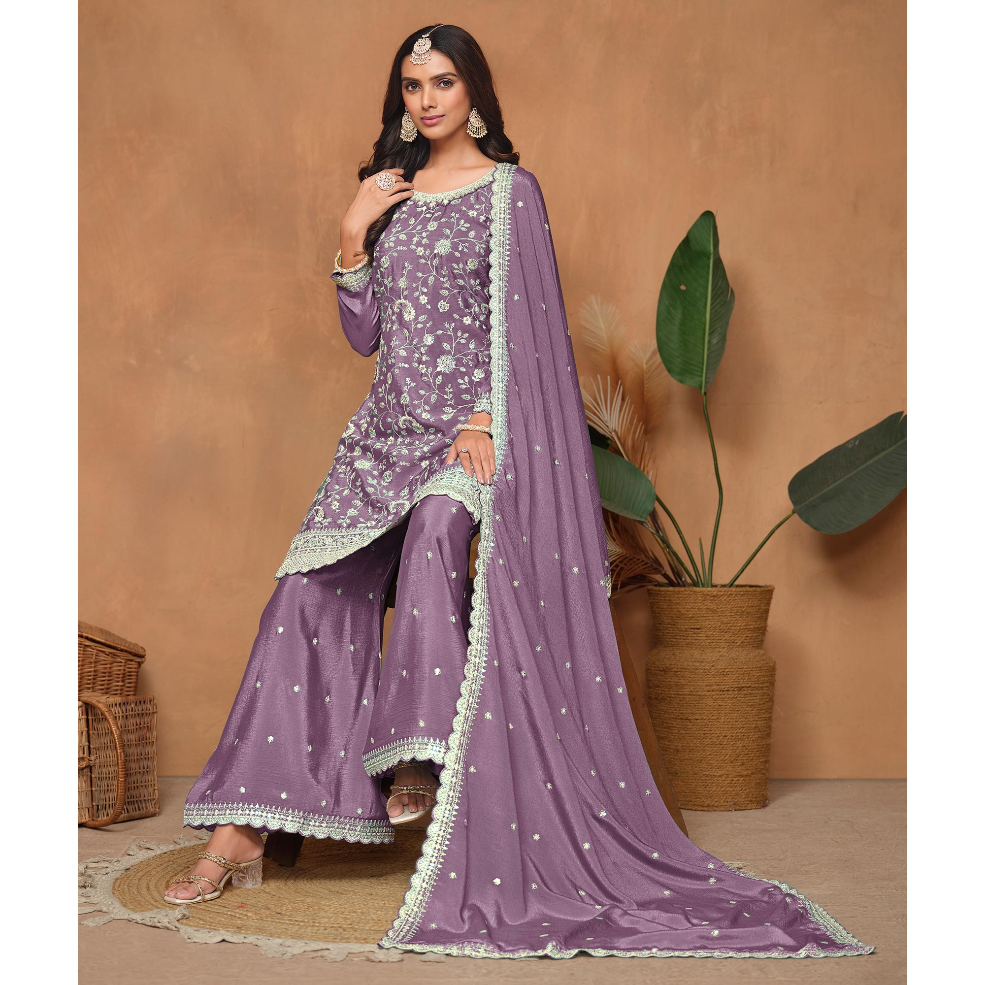 Purple Floral Sequins Embroidered Chinon Semi Stitched Palazzo Suit