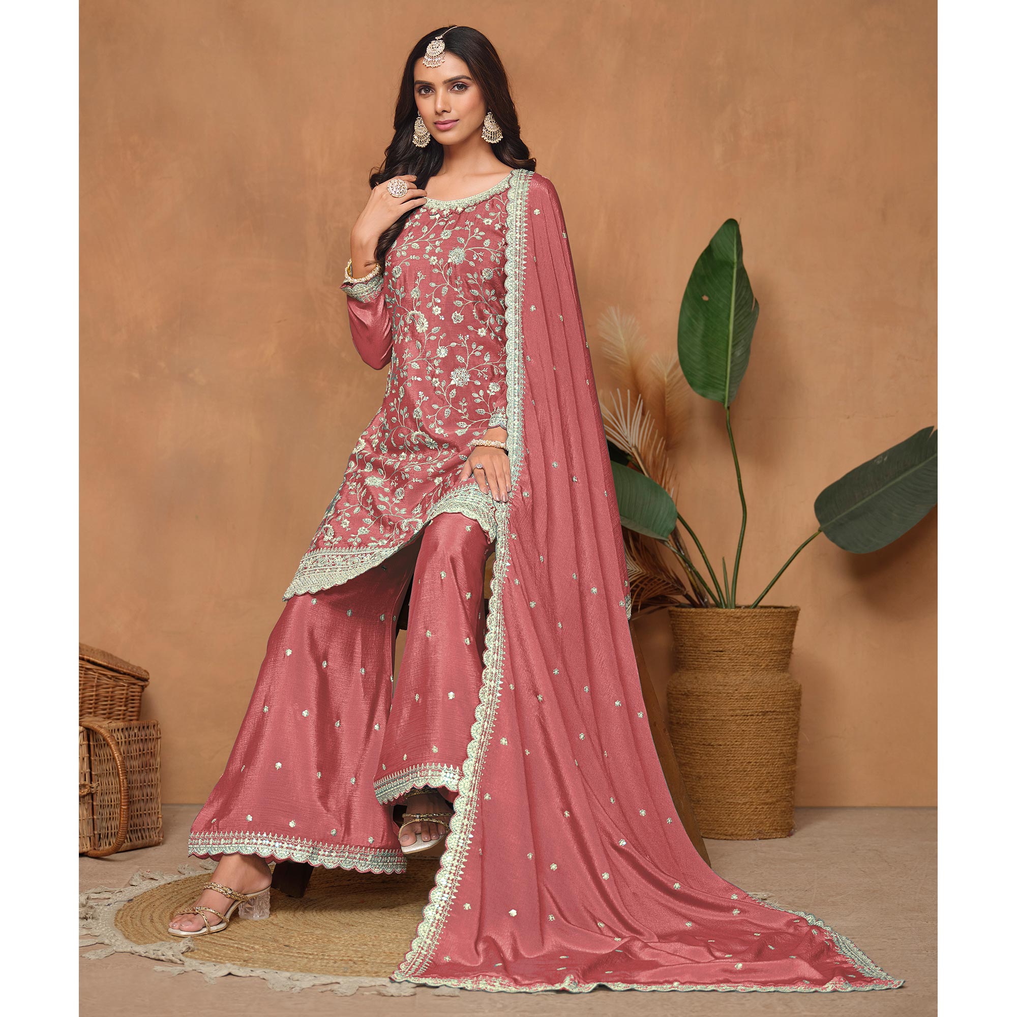 Peach Floral Sequins Embroidered Chinon Semi Stitched Palazzo Suit