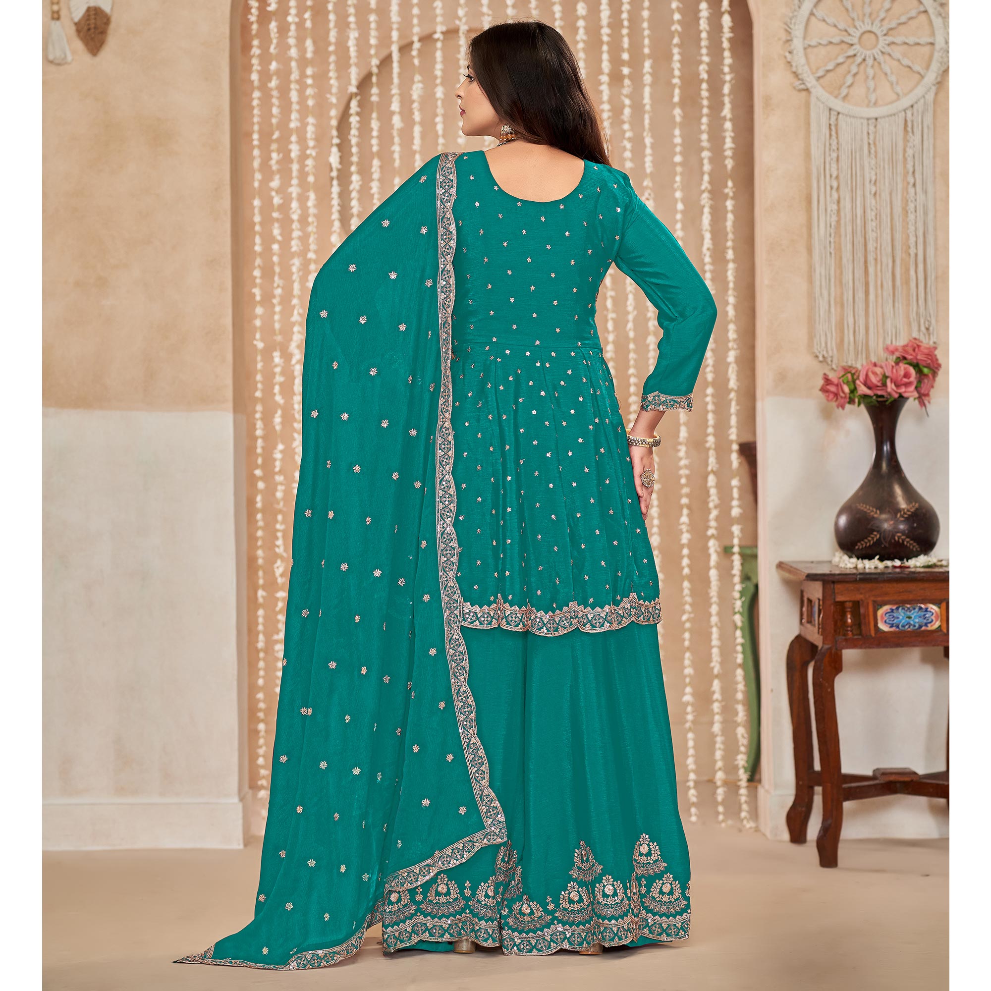 Rama Green Floral Sequins Embroidered Chinon Semi Stitched Sharara Suit