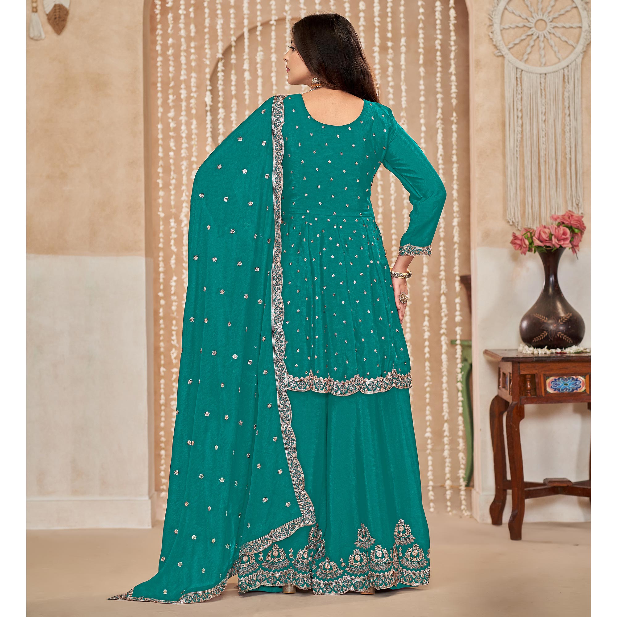 Rama Green Floral Sequins Embroidered Chinon Semi Stitched Sharara Suit