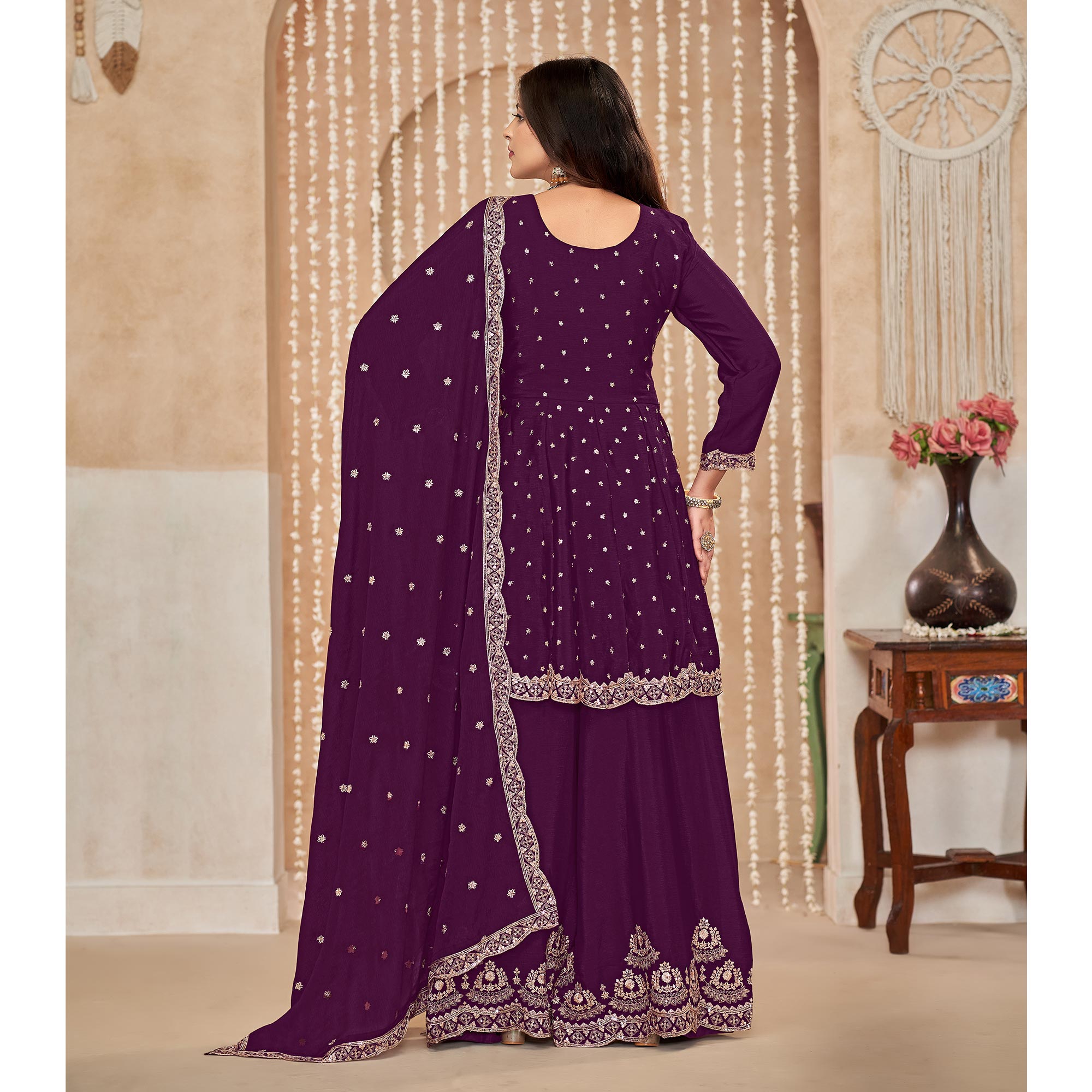 Purple Floral Sequins Embroidered Chinon Semi Stitched Sharara Suit