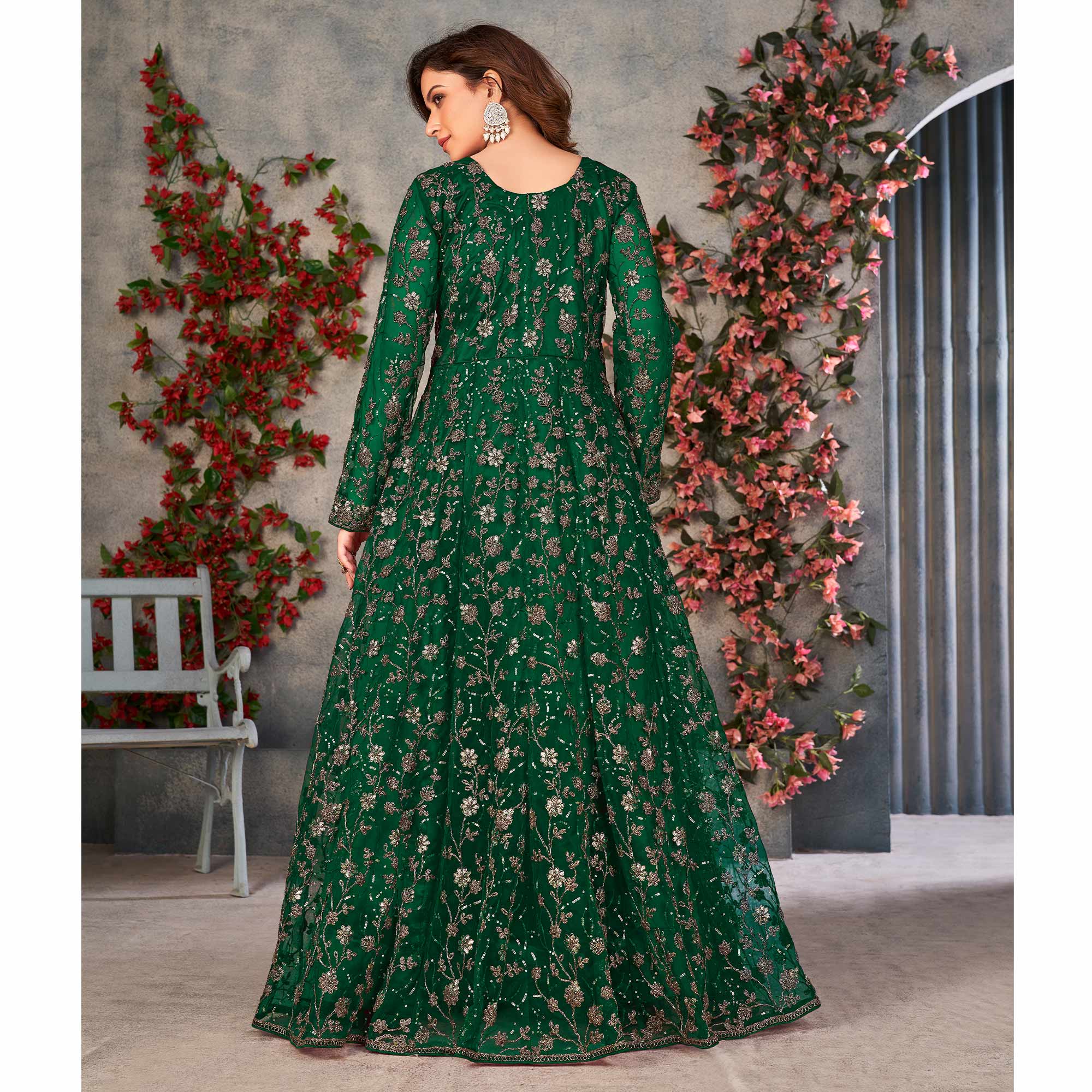 Green Embroidered Net Semi Stitched Anarkali Style Suit