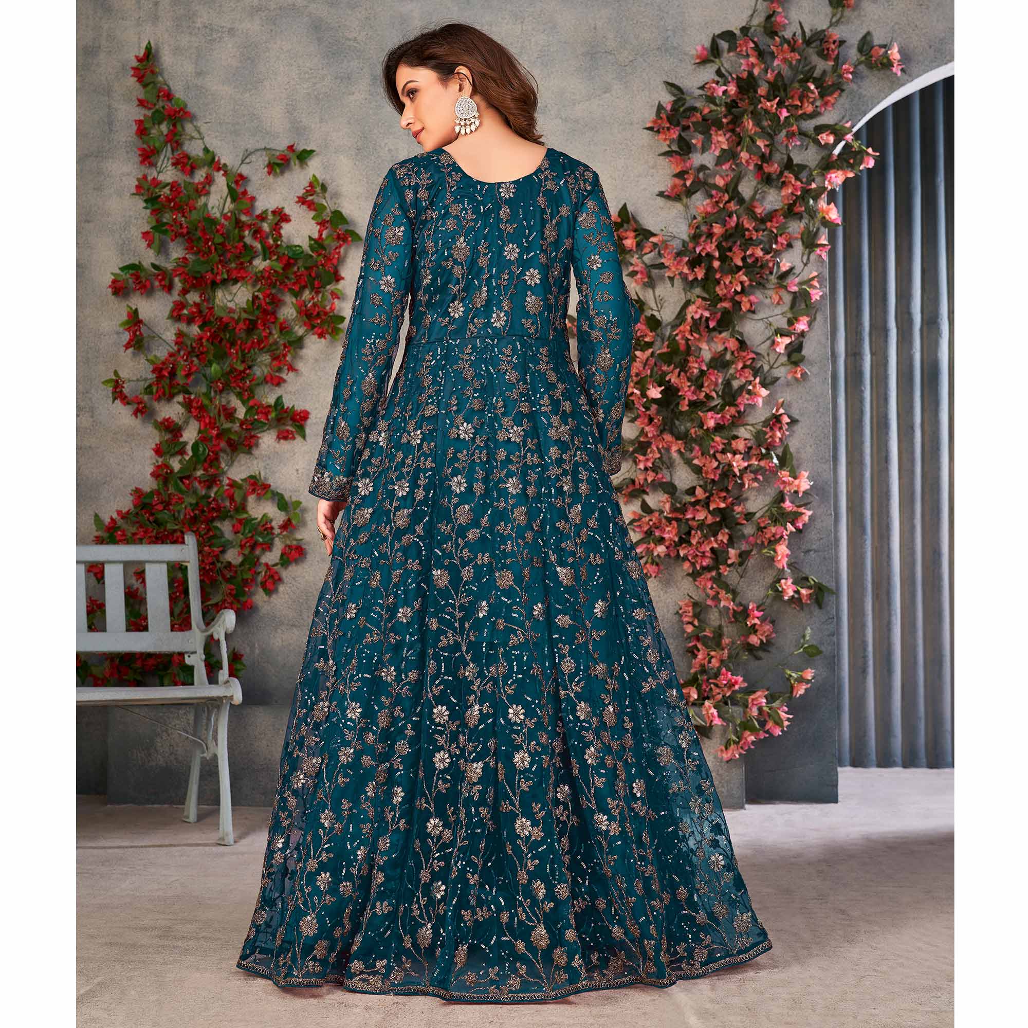 Morpich Embroidered Net Semi Stitched Anarkali Style Suit