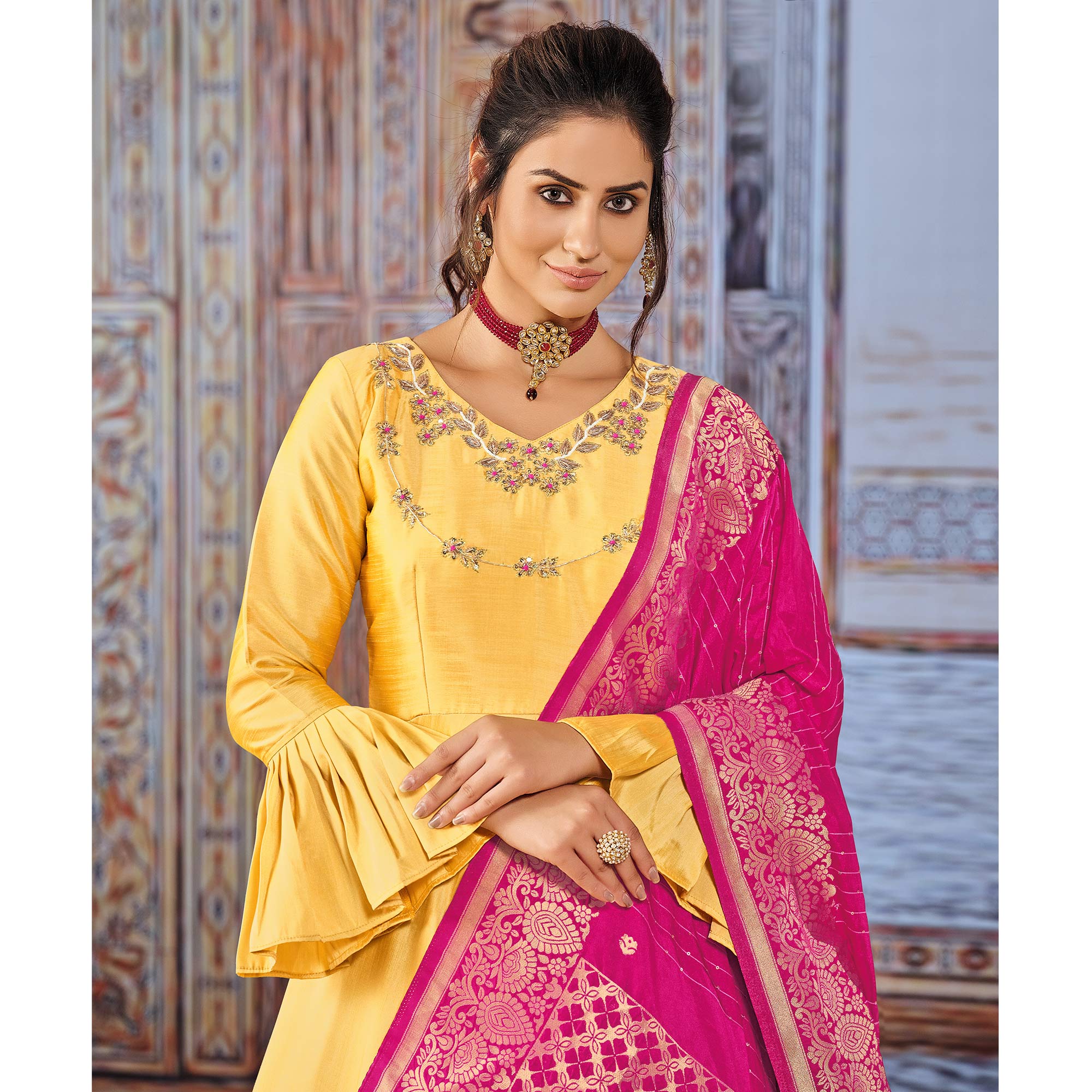 Yellow Handwork Embroidered Art Silk Anarkali Suit