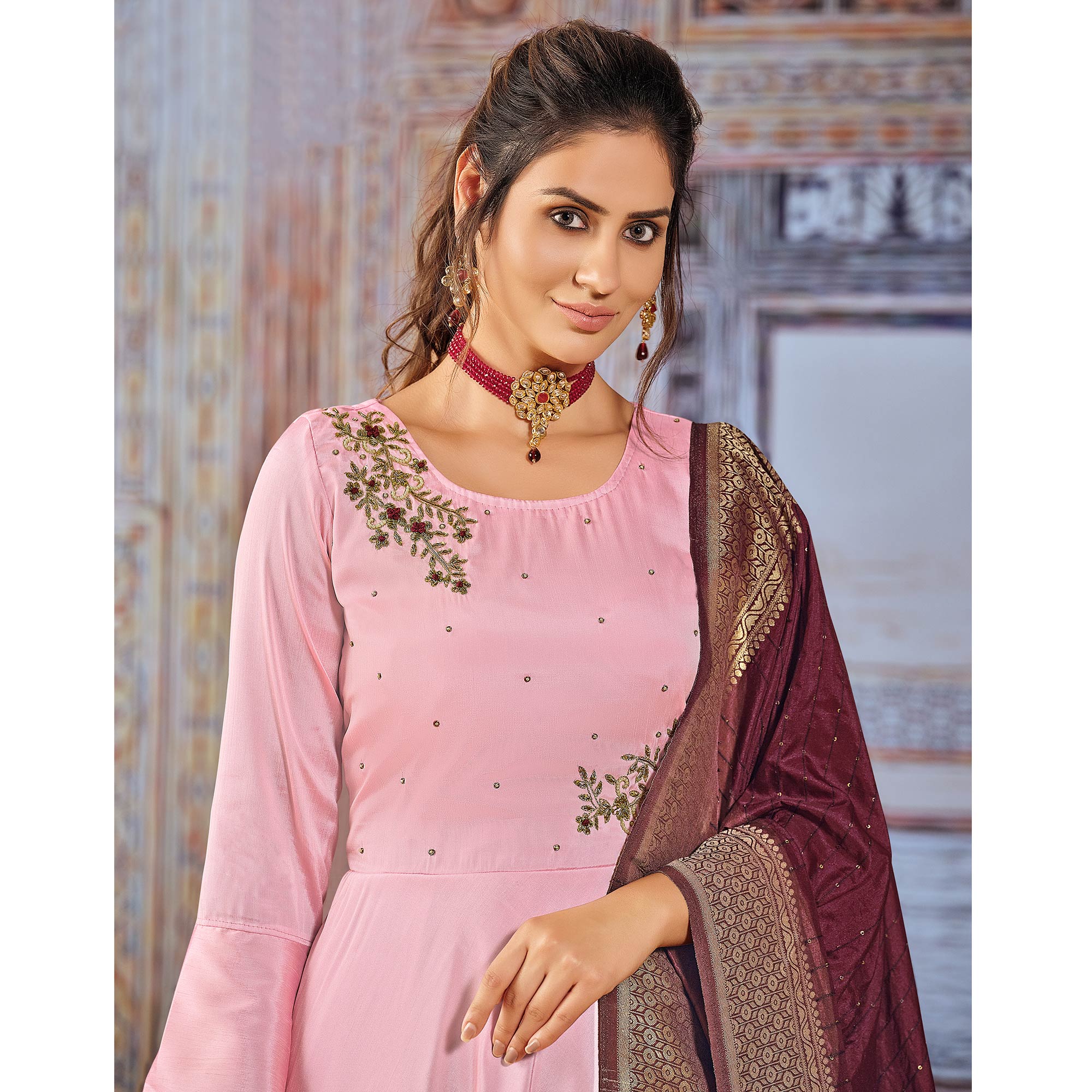 Pink Handwork Embroidered Art Silk Anarkali Suit