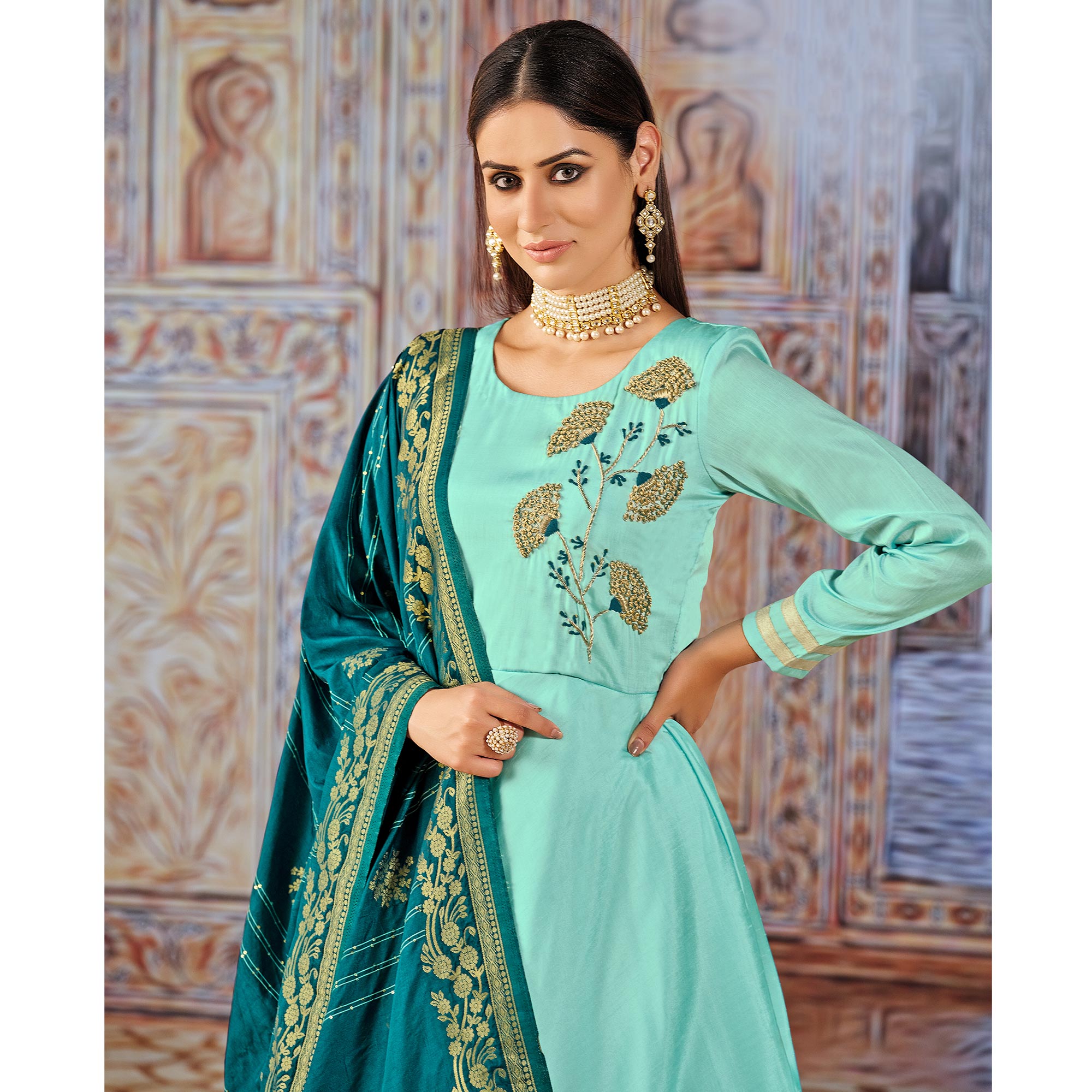 Turquoise Handwork Embroidered Art Silk Anarkali Suit