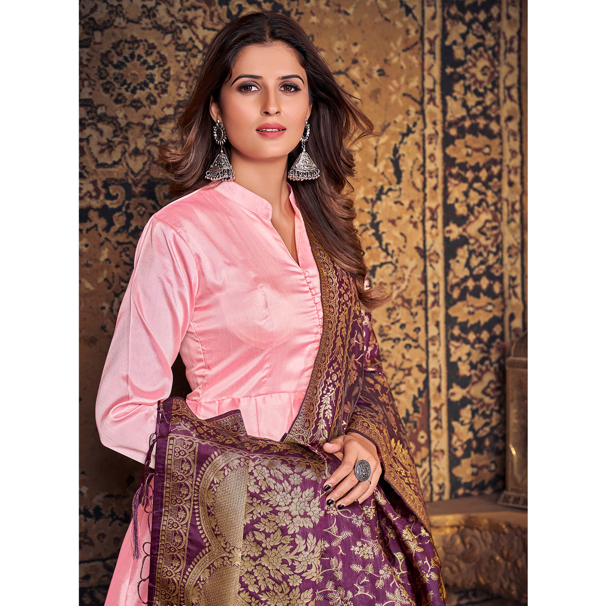 Pink Solid Art Silk Anarkali Suit