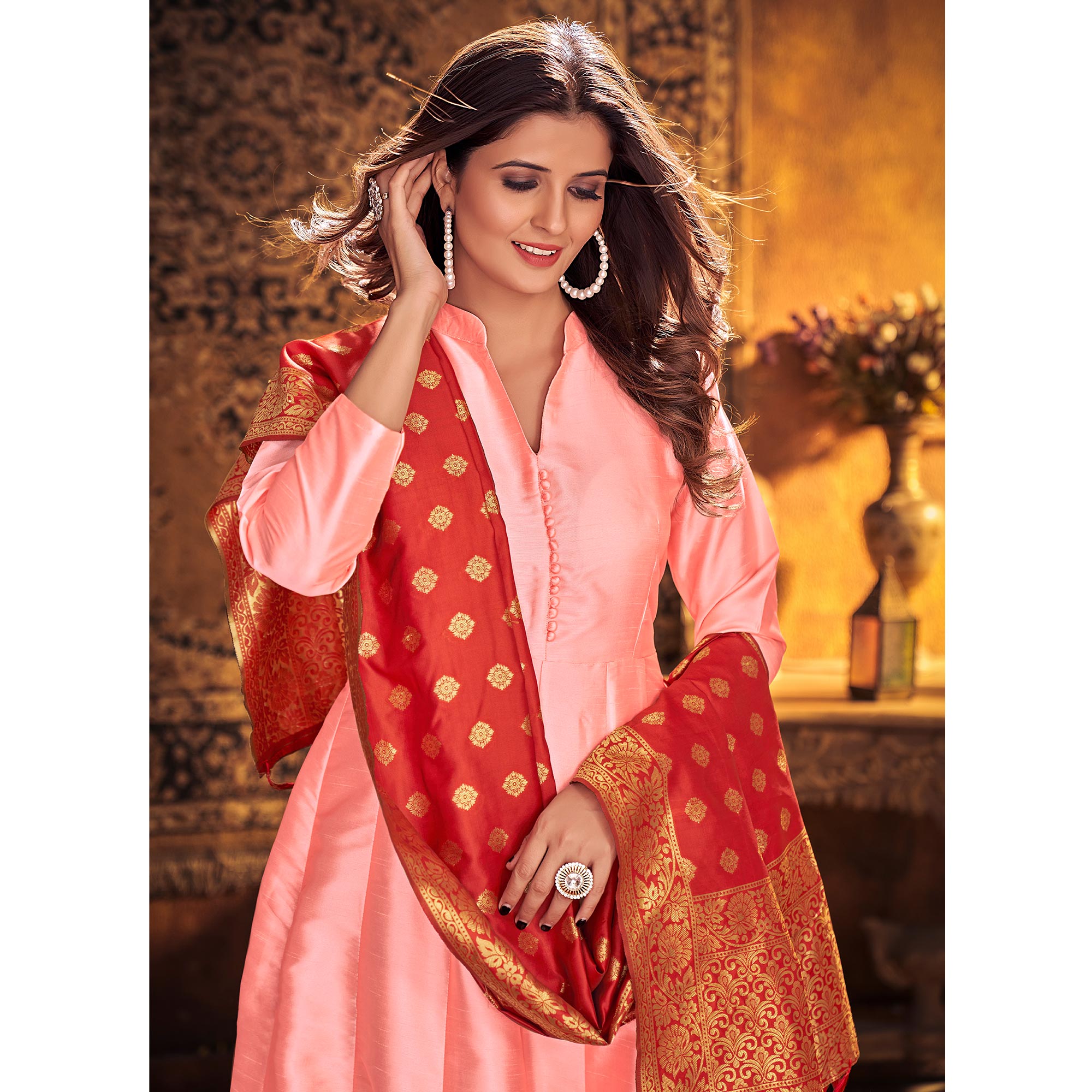 Peach Solid Art Silk Anarkali Suit