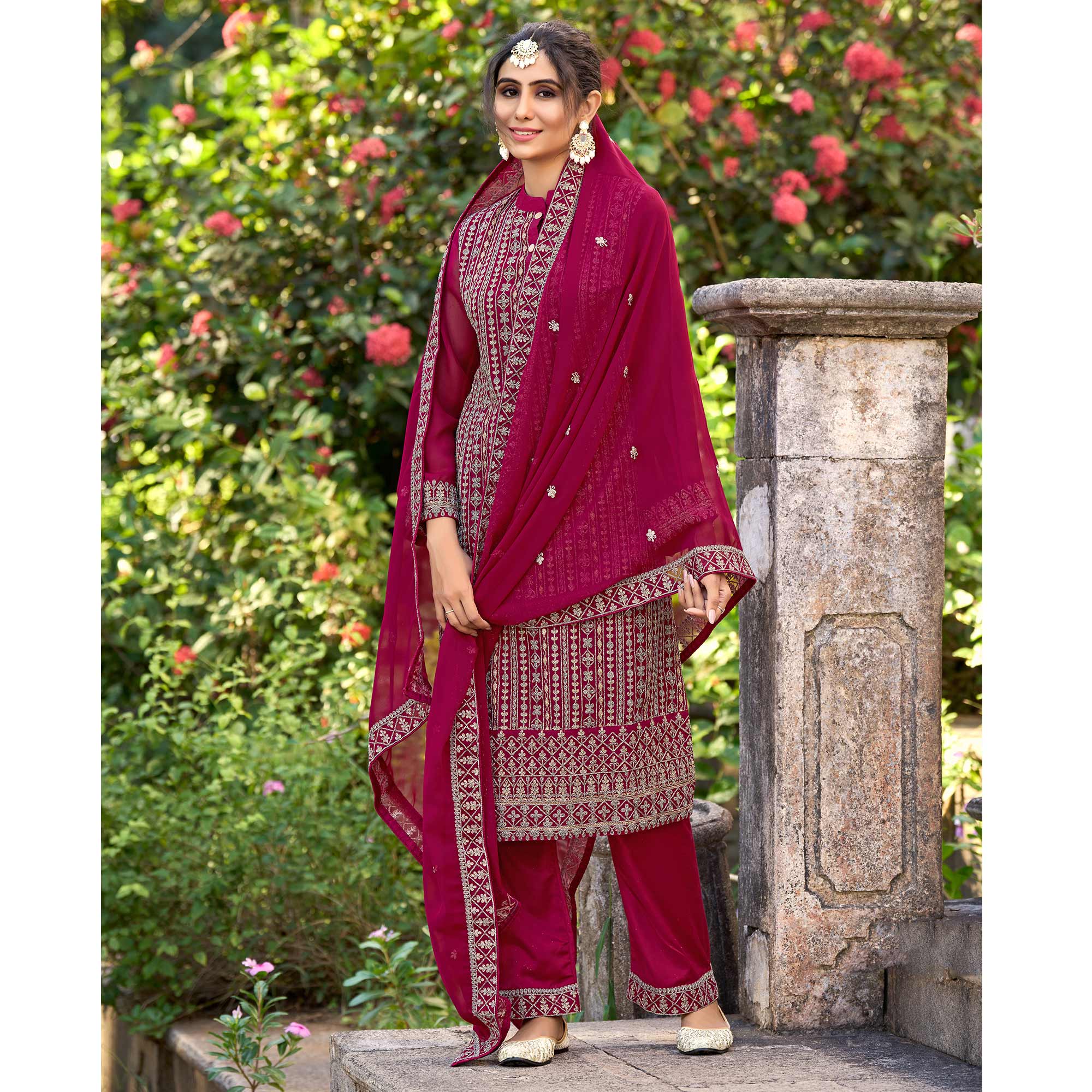 Pink Floral Embroidered Art Silk Suit