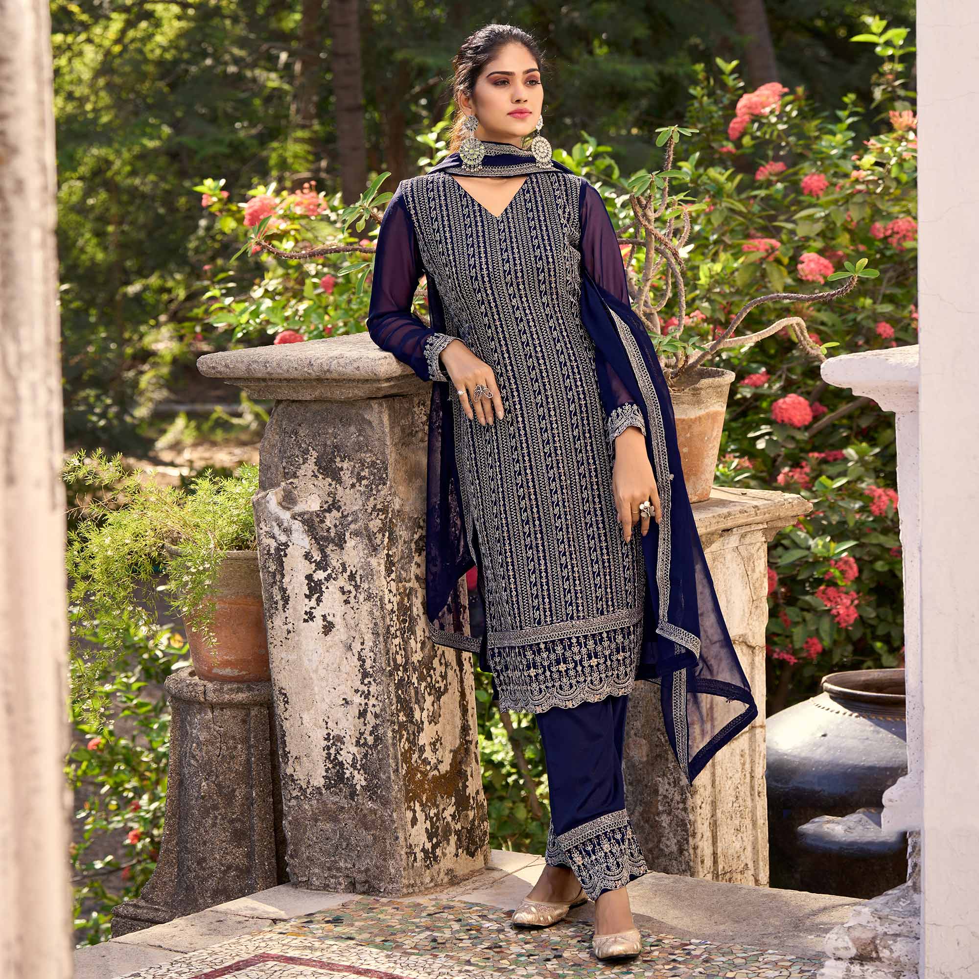 Navy Blue Floral Embroidered Art Silk Suit