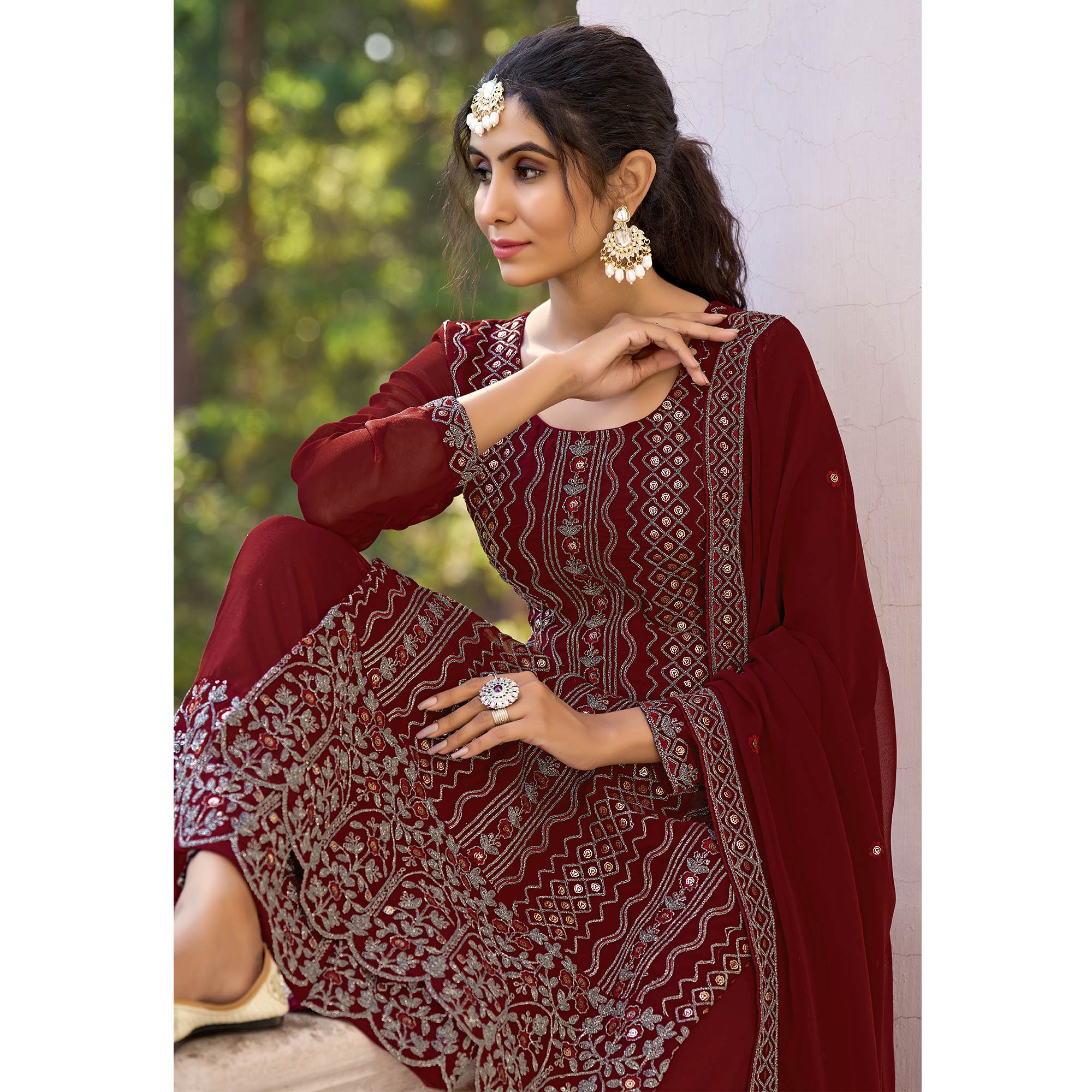 Maroon Floral Embroidered Art Silk Suit