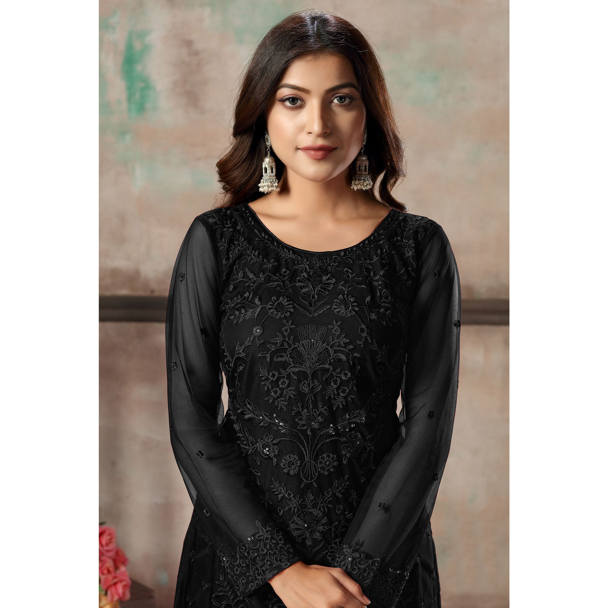 Black Floral Embroidered Net Suit