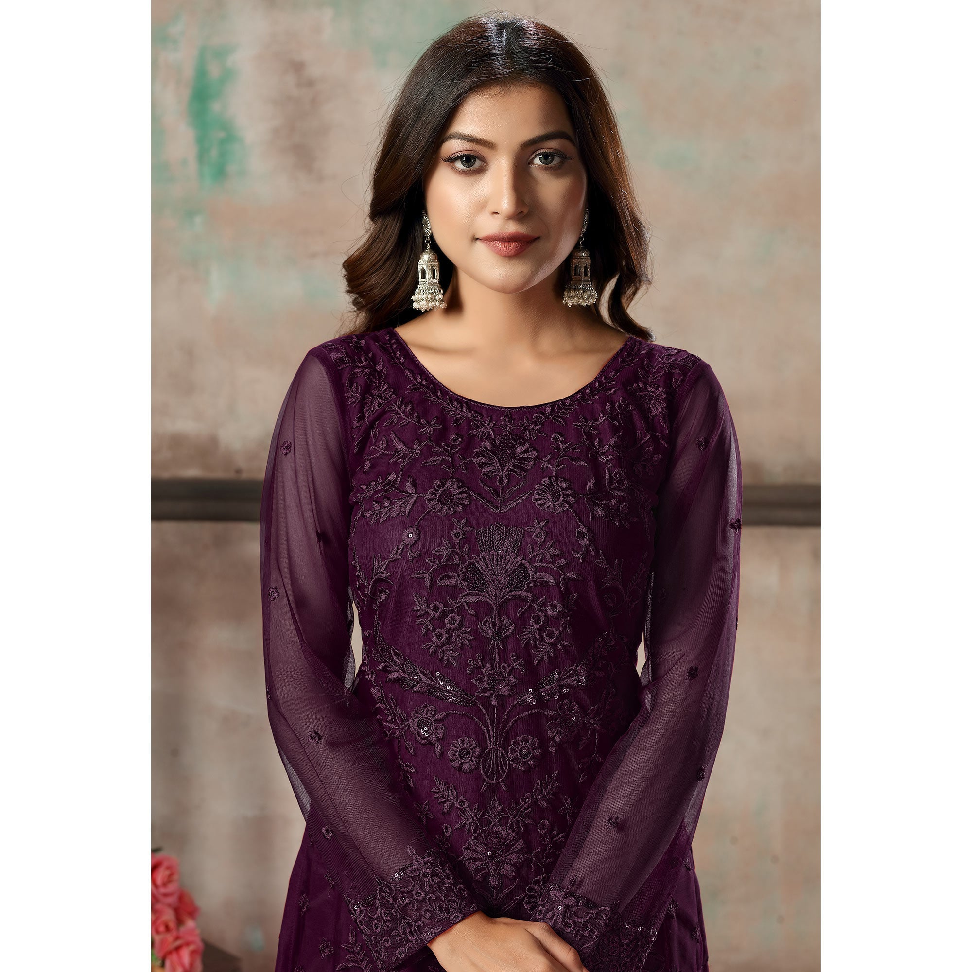 Wine Floral Embroidered Net Suit