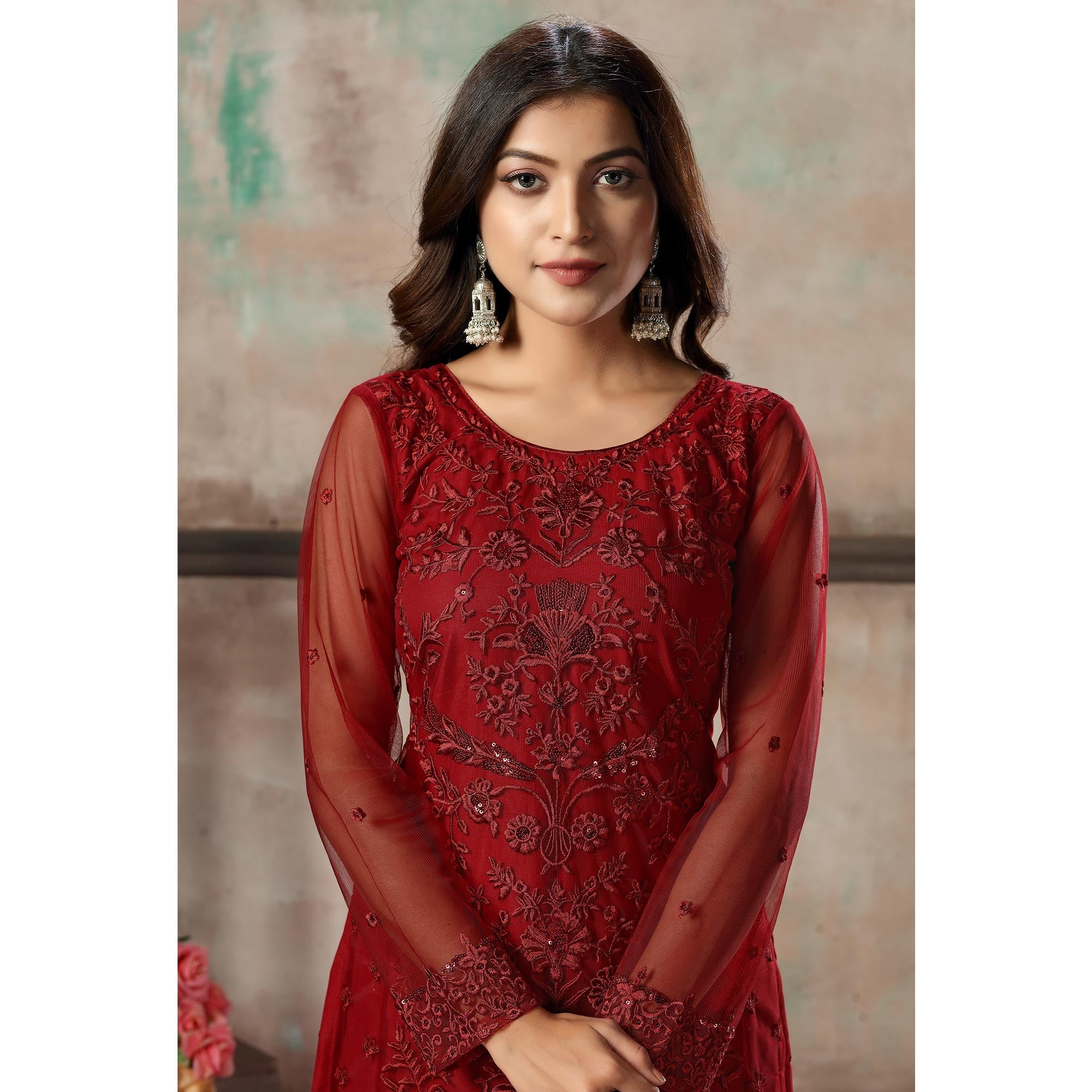 Red Floral Embroidered Net Suit